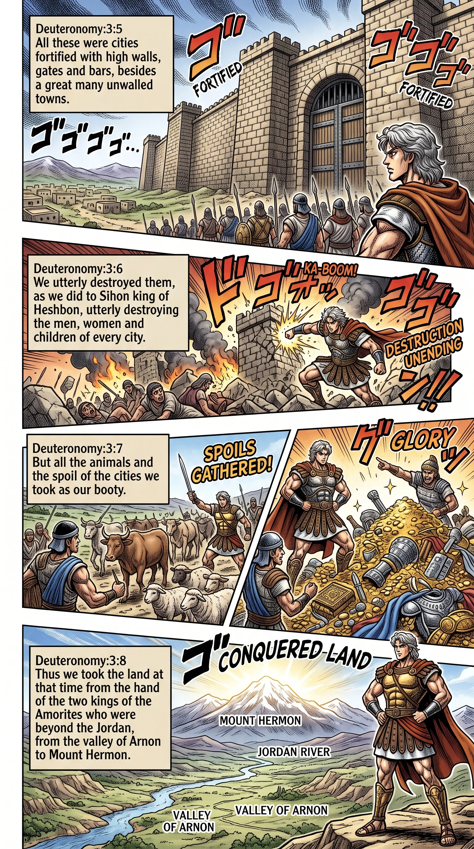 Deuteronomy 3 illustration: Fortified Cities Destroyed and Spoil Taken