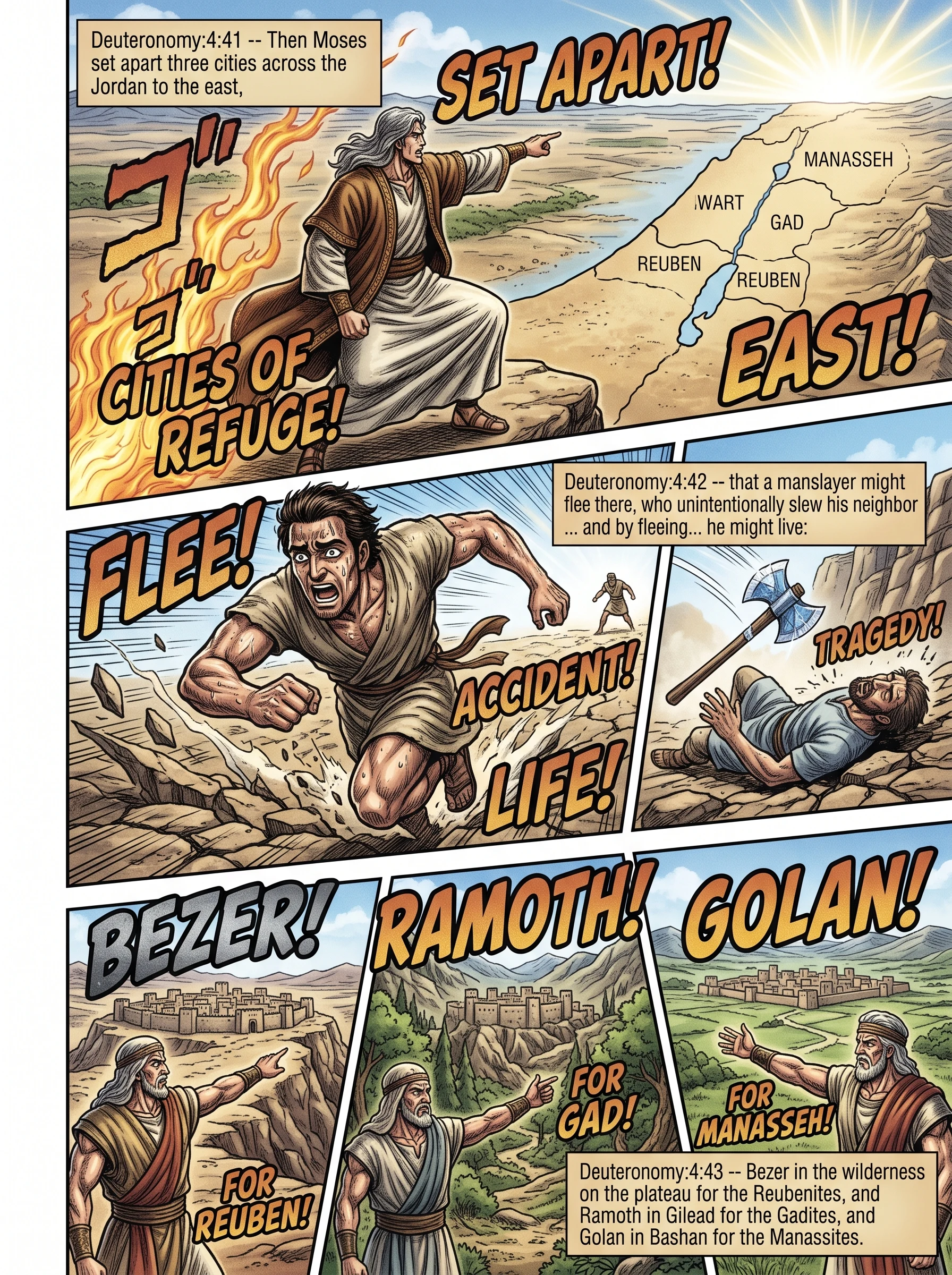 Deuteronomy 4 illustration: Three Cities of Refuge Designated East