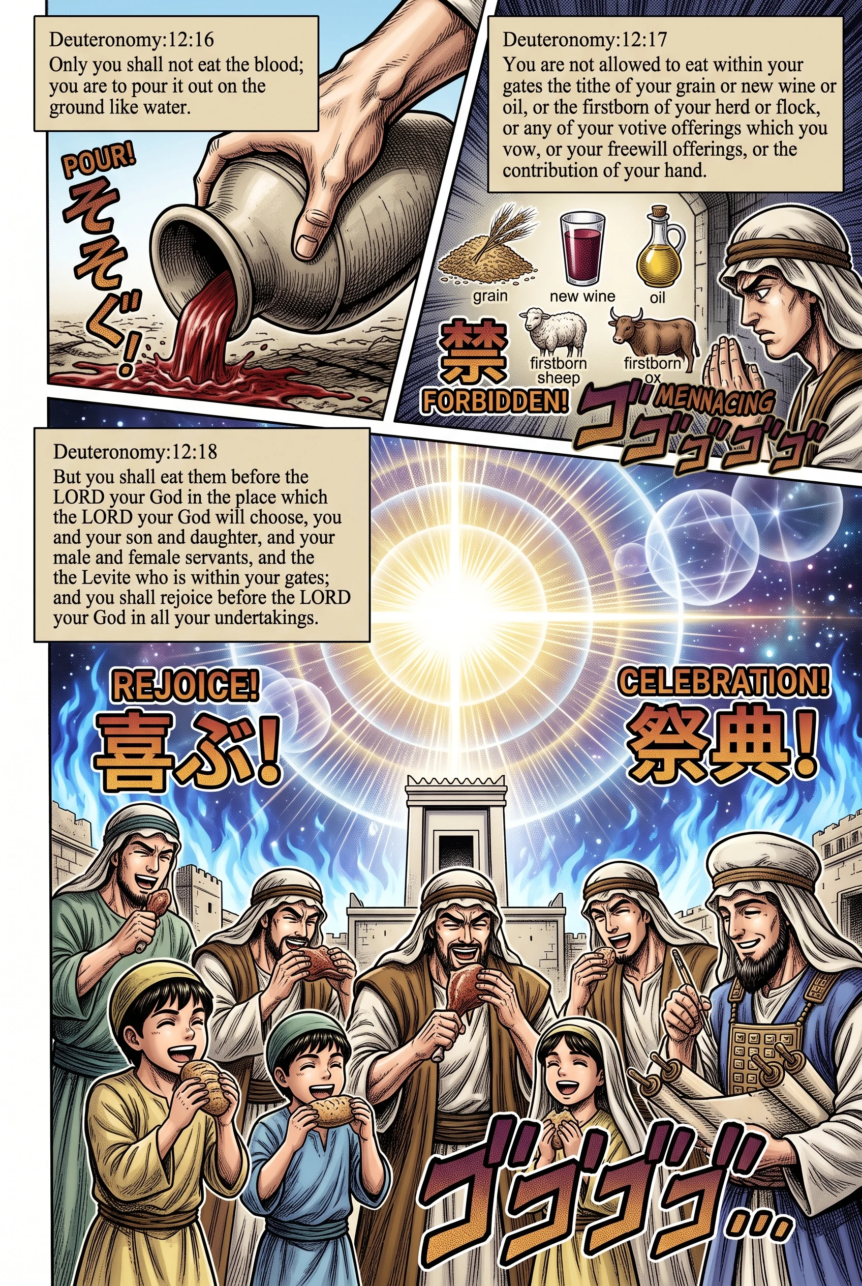 Deuteronomy 12 illustration: Sacred Offerings Eaten at Chosen Sanctuary