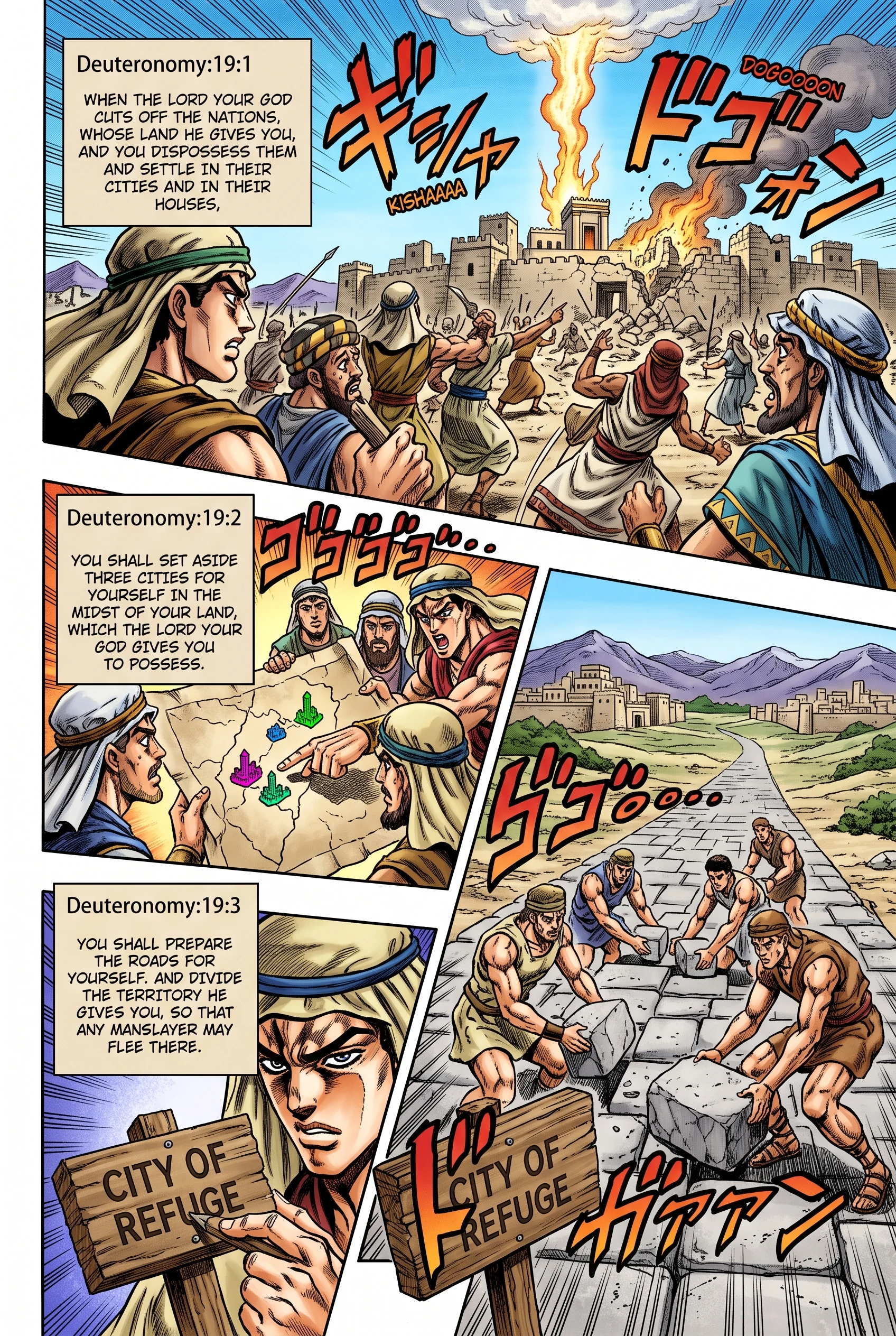 Deuteronomy 19 illustration: Three Refuge Cities Appointed with Roads