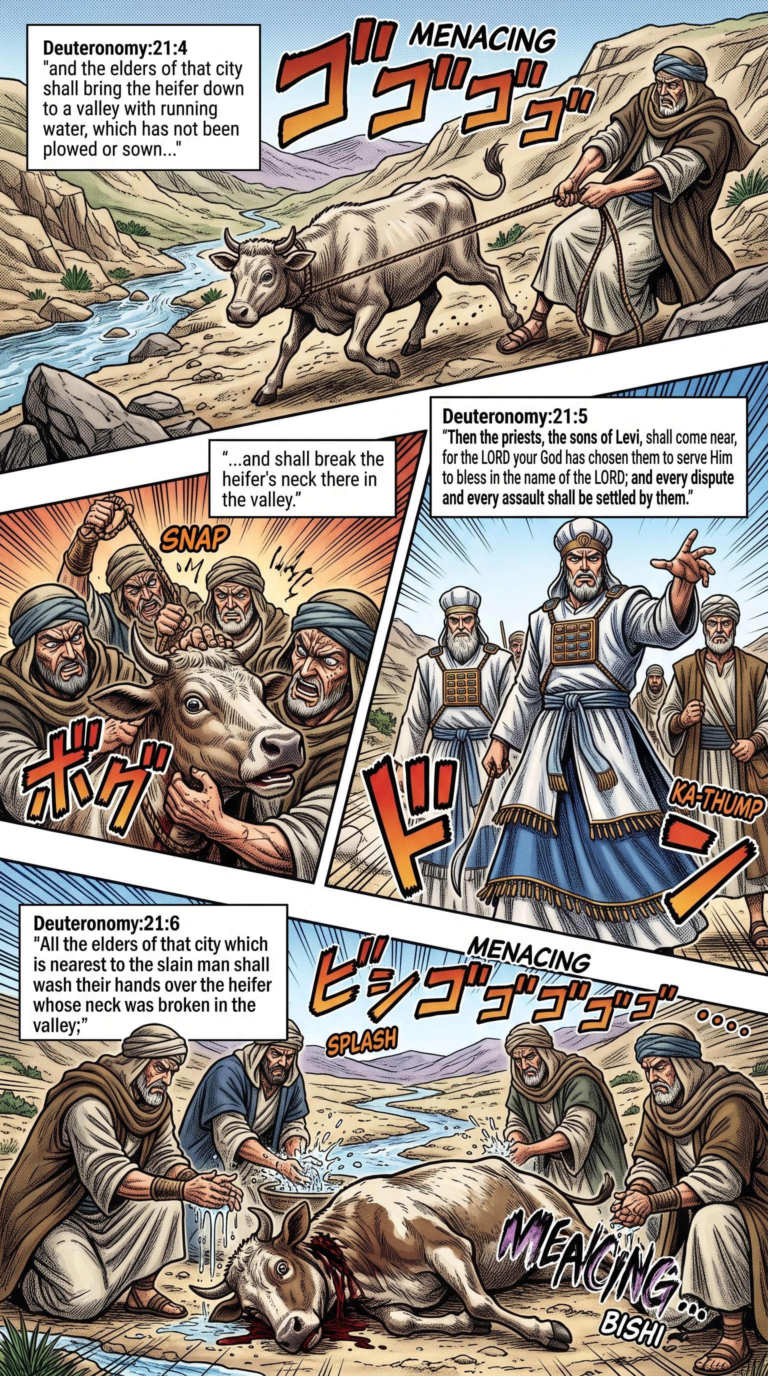 Deuteronomy 21 illustration: Heifer Rite to Purge Bloodguilt from Field