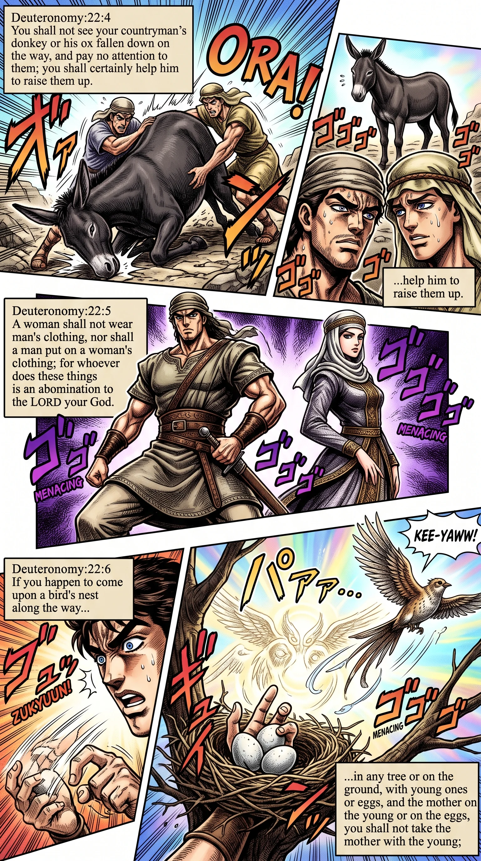 Deuteronomy 22 illustration: Assisting Neighbor Beasts and Clothing Distinction