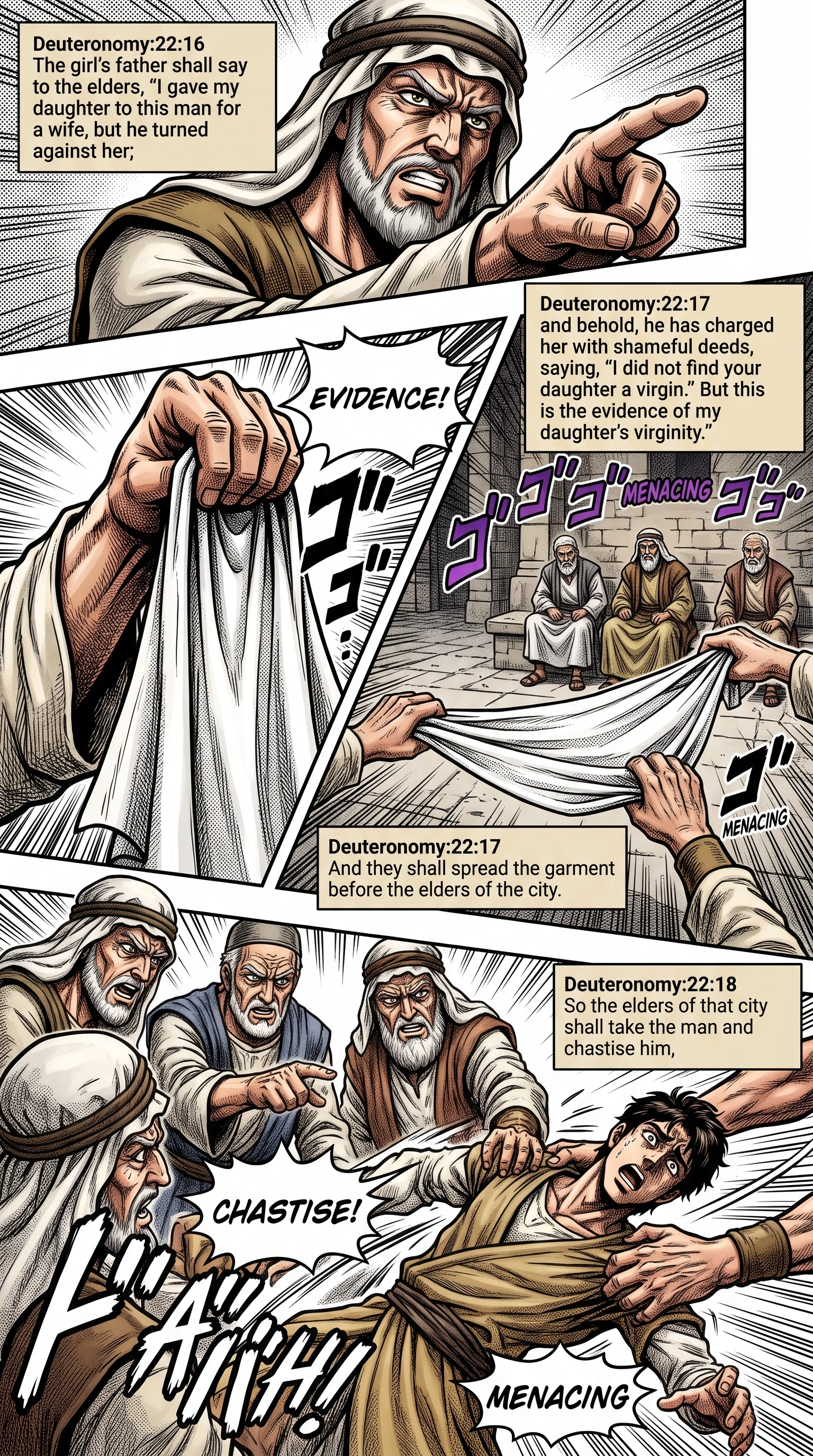 Deuteronomy 22 illustration: Elders Examine Evidence and Chastise Husband