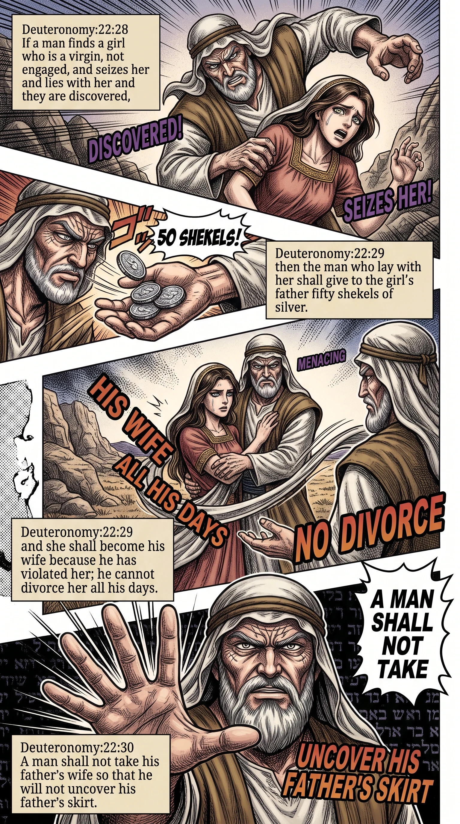 Deuteronomy 22 illustration: Violating Unengaged Virgin and Forbidden Incest