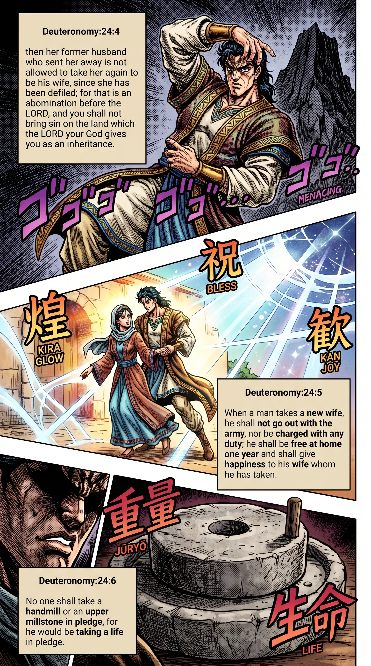 Deuteronomy 24 illustration: Remarriage Prohibition Newlywed Exemption and Pledges