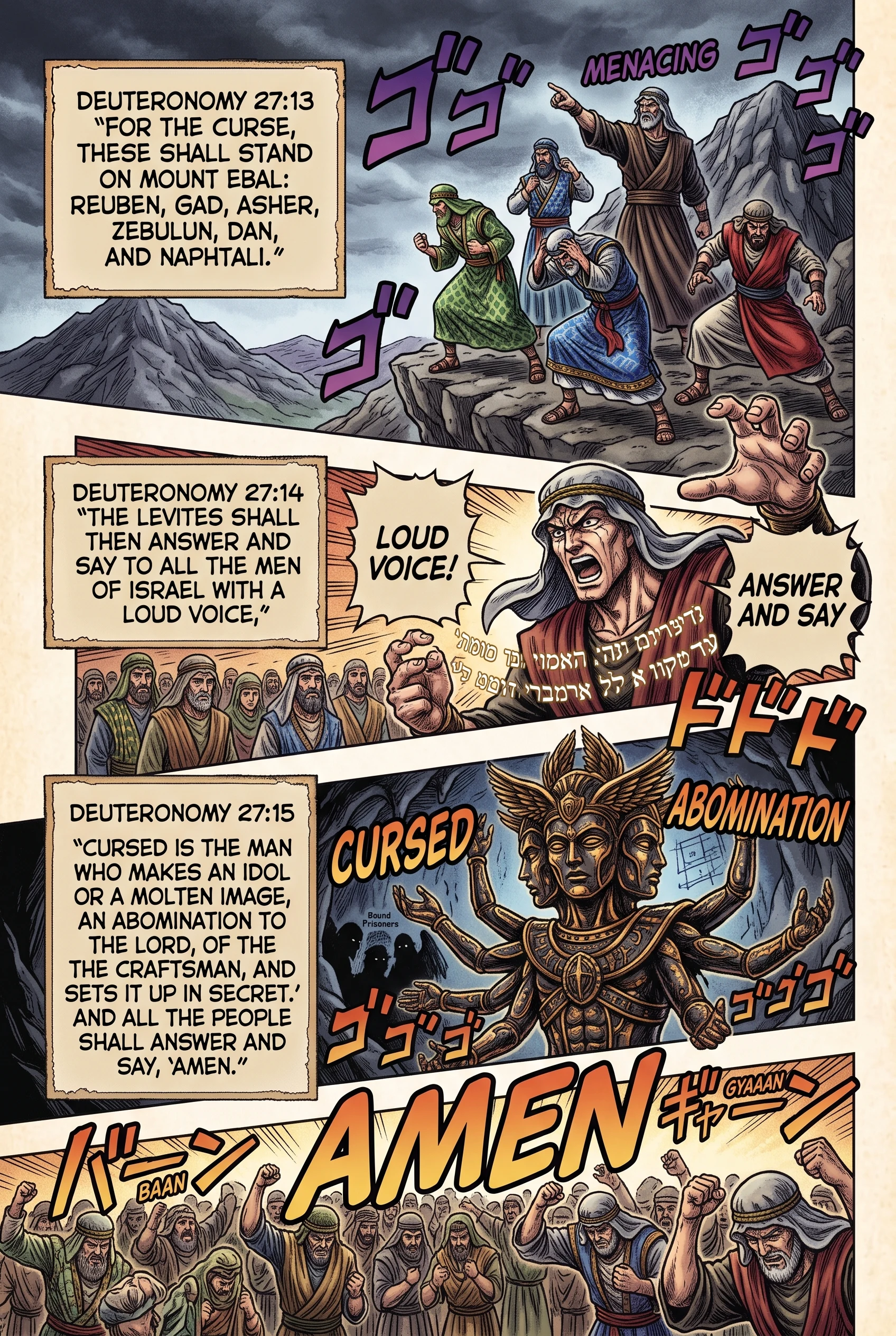 Deuteronomy 27 illustration: Tribes on Mount Ebal and Idolatry