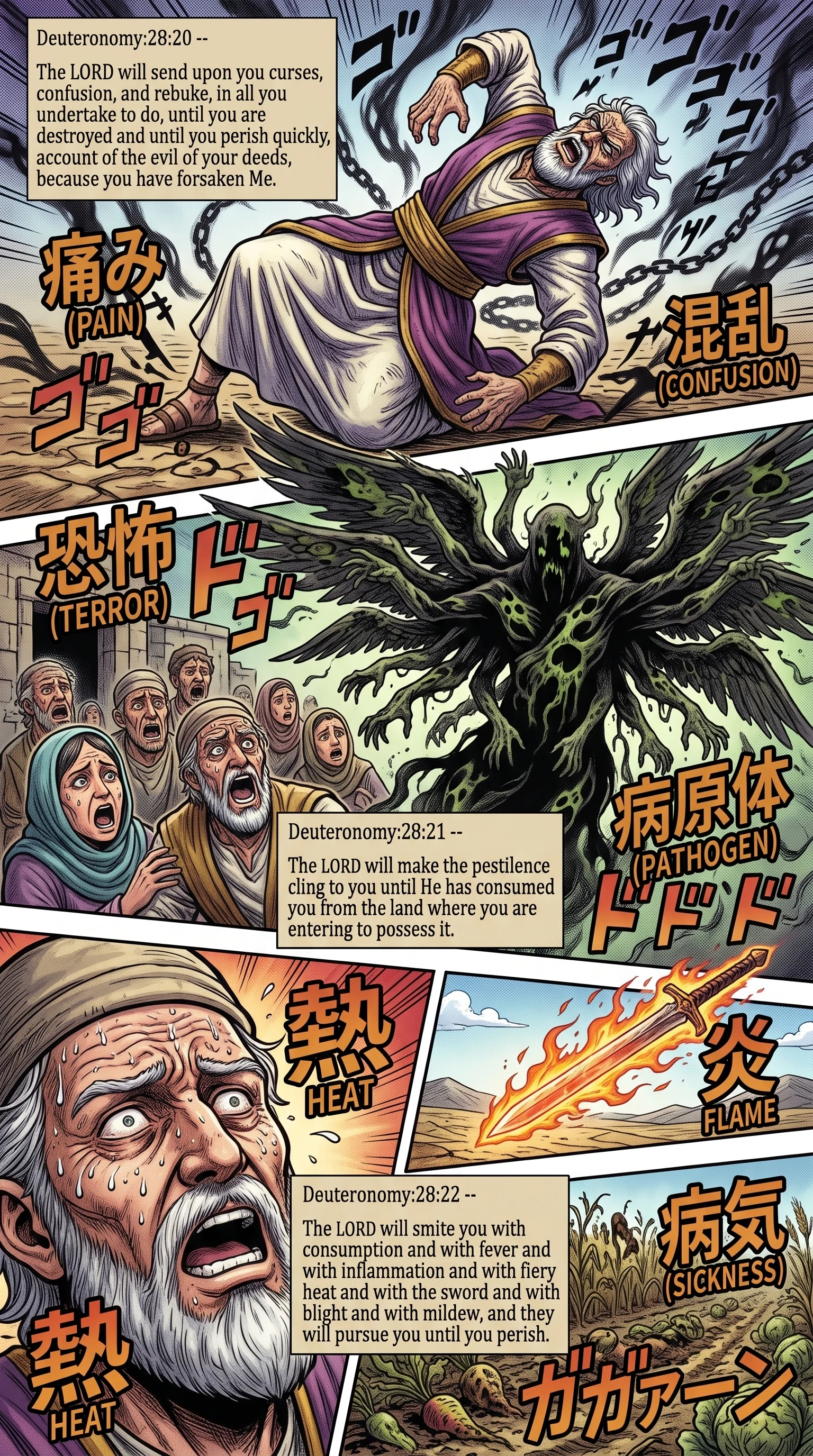 Deuteronomy 28 illustration: Curses of Confusion Pestilence Fever and Blight