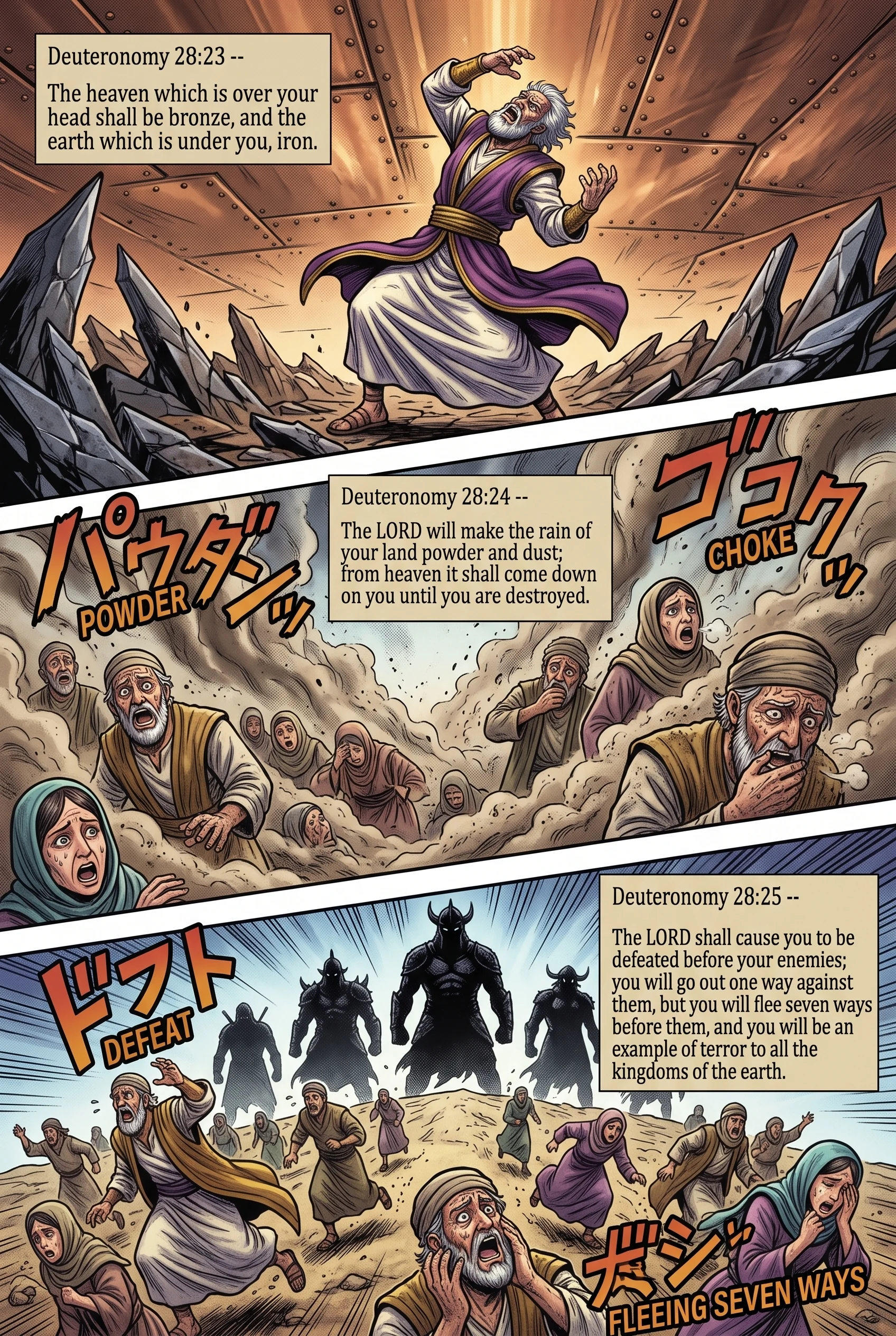 Deuteronomy 28 illustration: Bronze Heavens Dust Rain and Military Defeat
