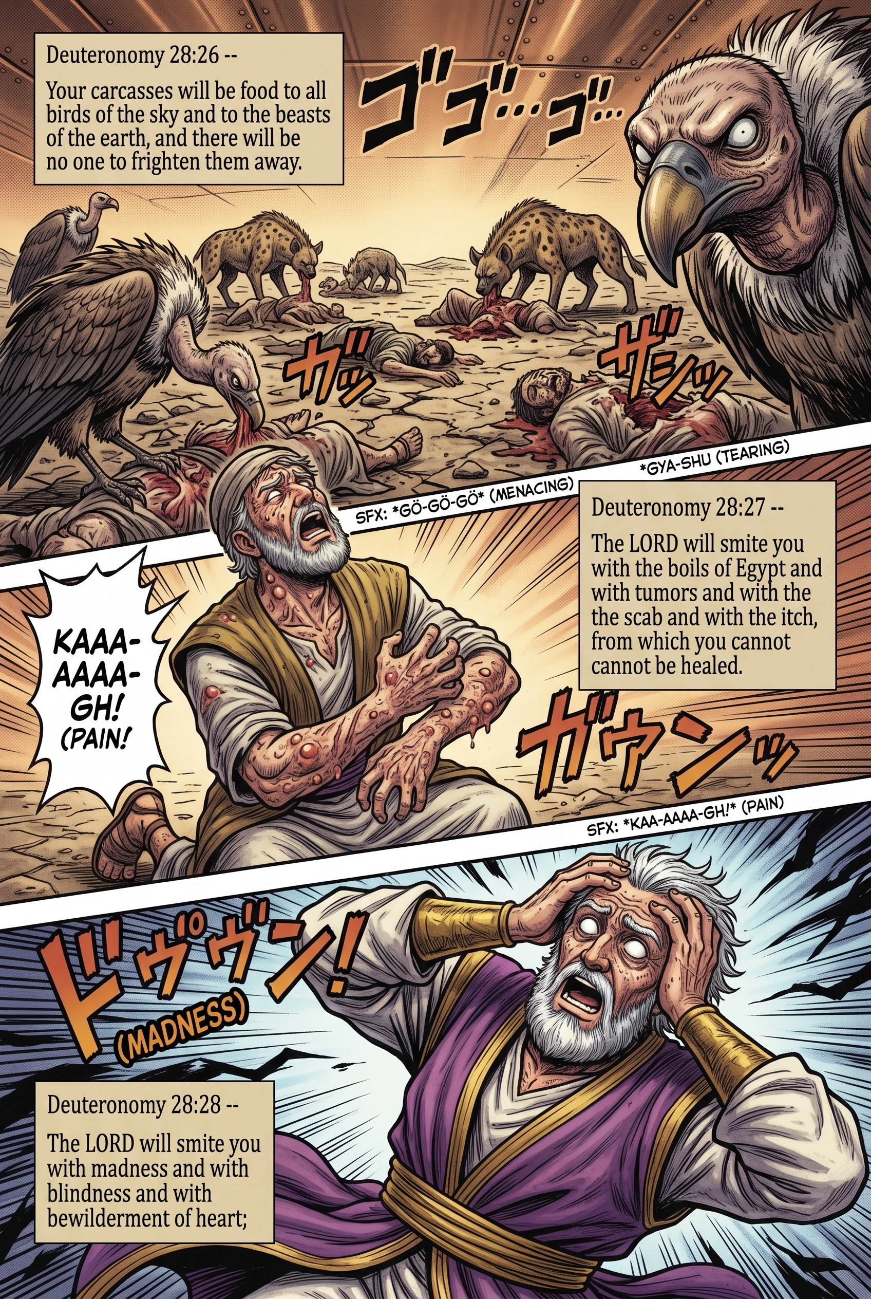 Deuteronomy 28 illustration: Unburied Corpses Boils Madness and Blindness Inflicted