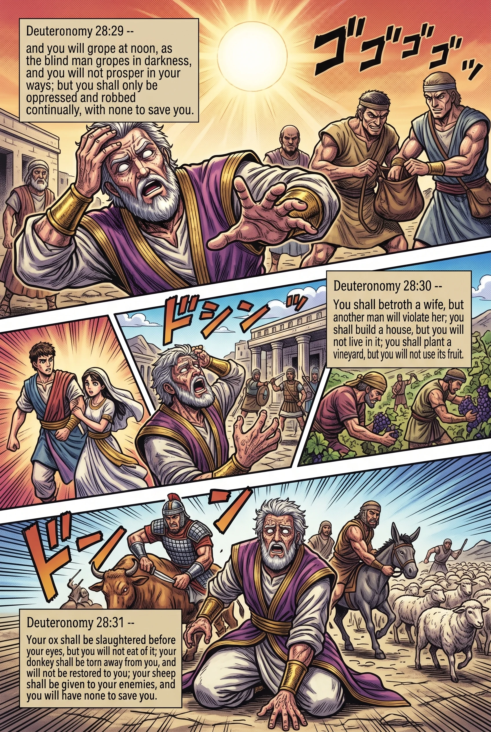 Deuteronomy 28 illustration: Groping at Noon and Plundered Domestic Possessions