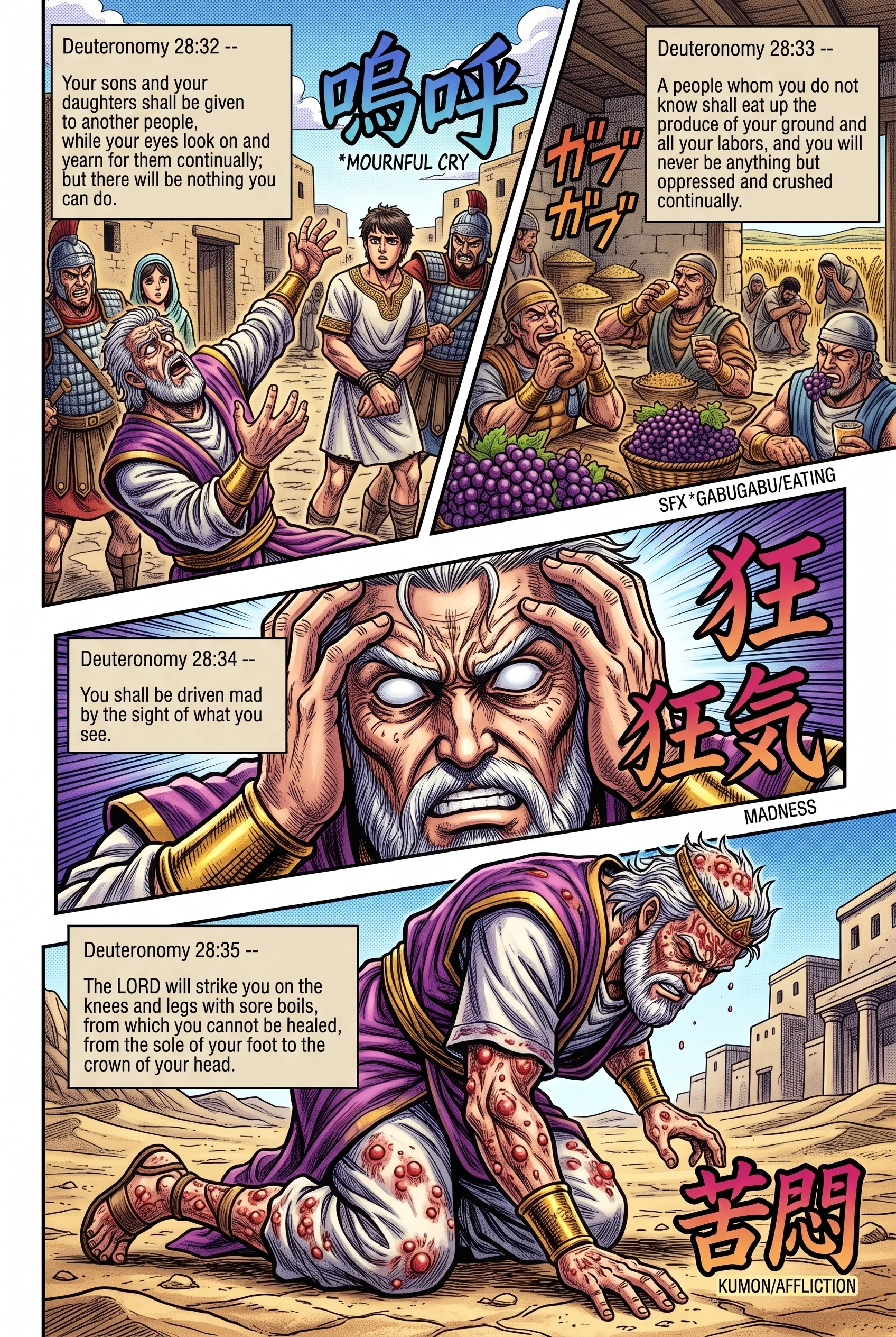 Deuteronomy 28 illustration: Captive Children Crushing Oppression and Severe Boils