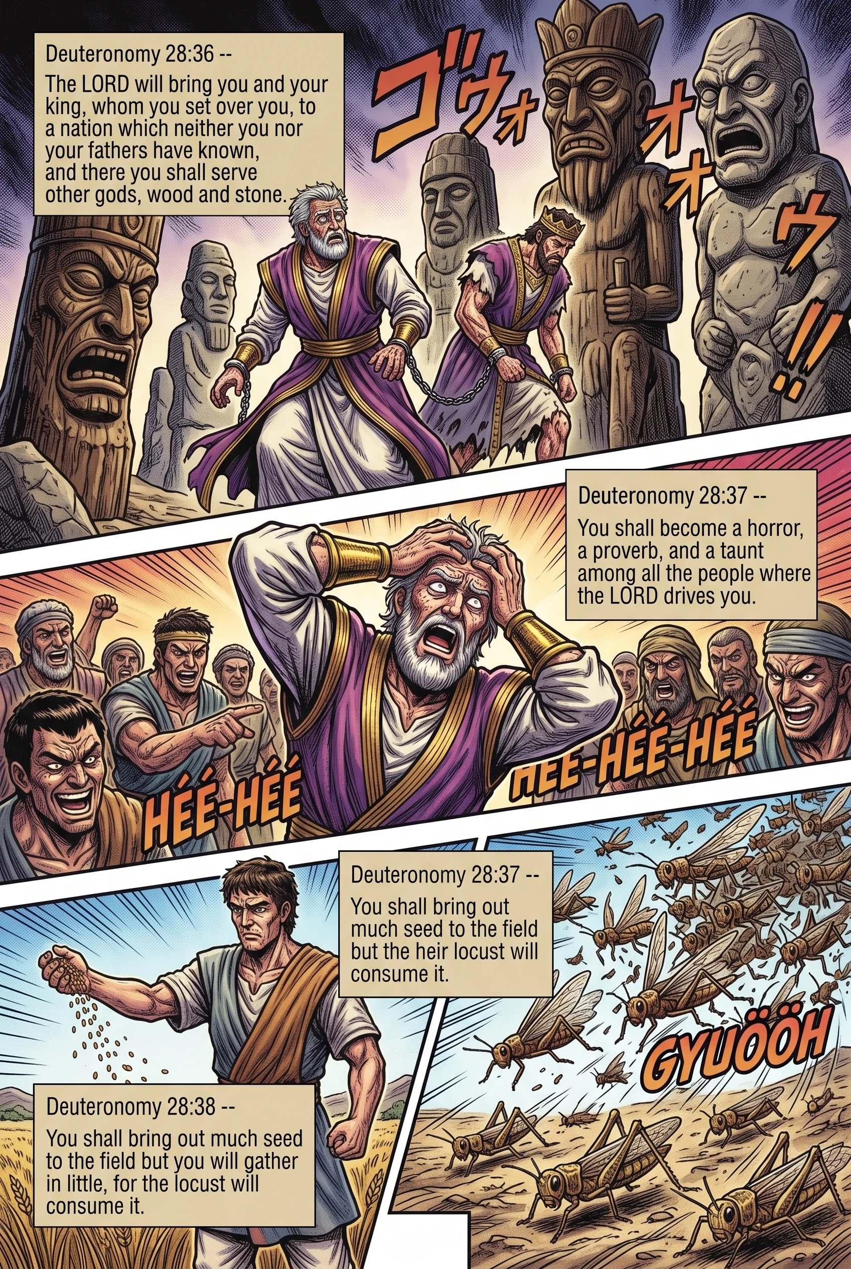 Deuteronomy 28 illustration: Exile of King and Locusts Devouring Crops