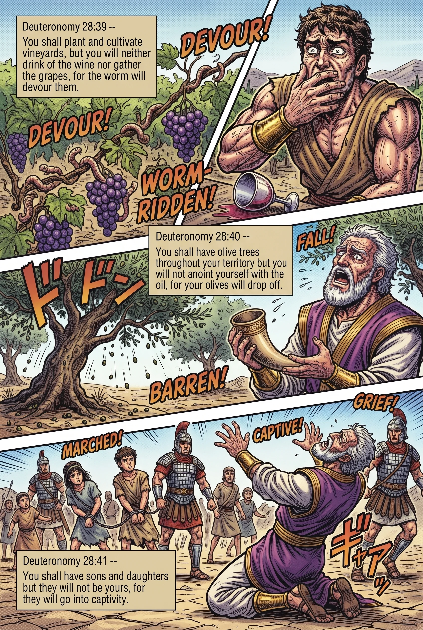 Deuteronomy 28 illustration: Failing Vineyards Worms and Sons in Captivity