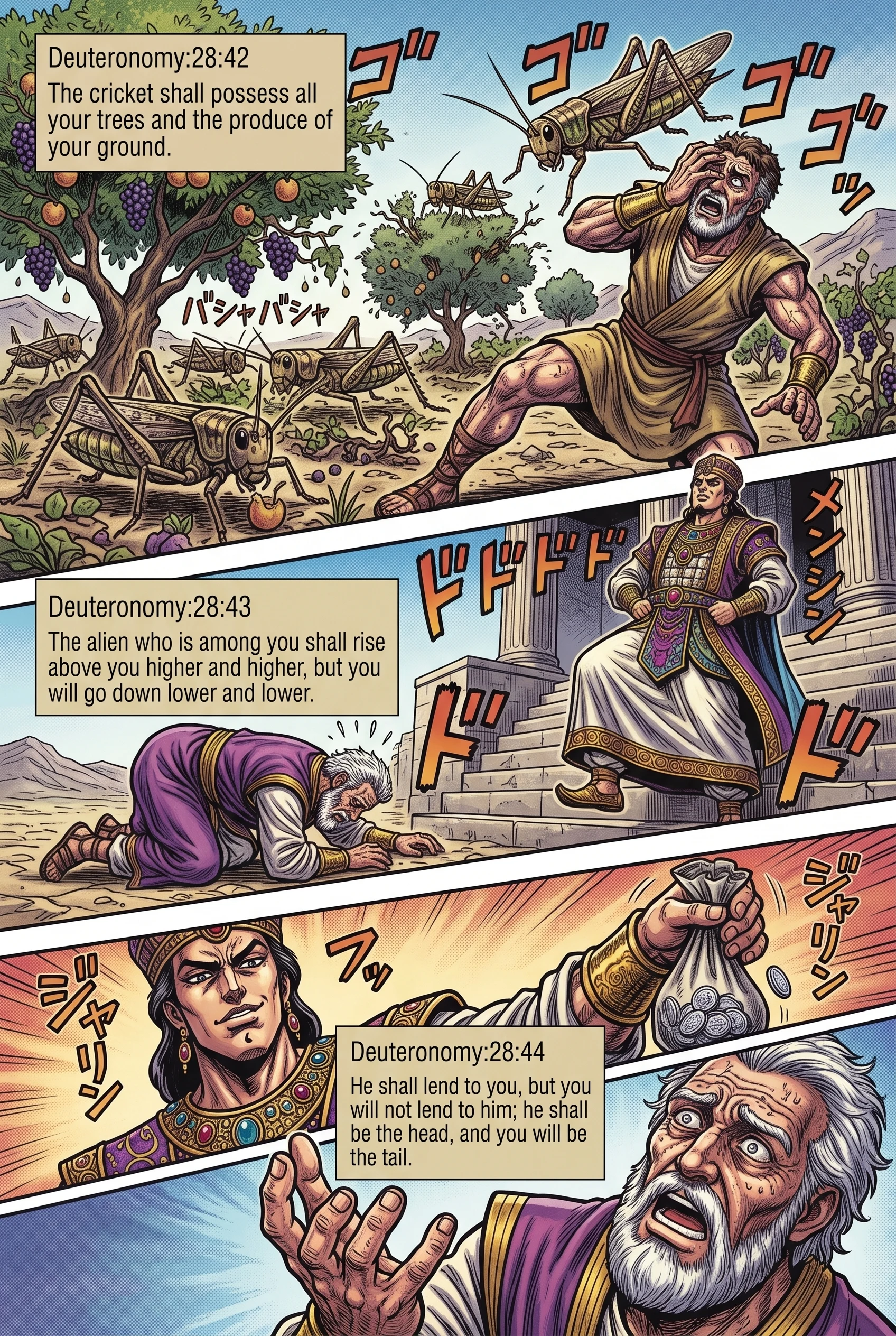 Deuteronomy 28 illustration: Crickets Invade Trees and Resident Alien Rises