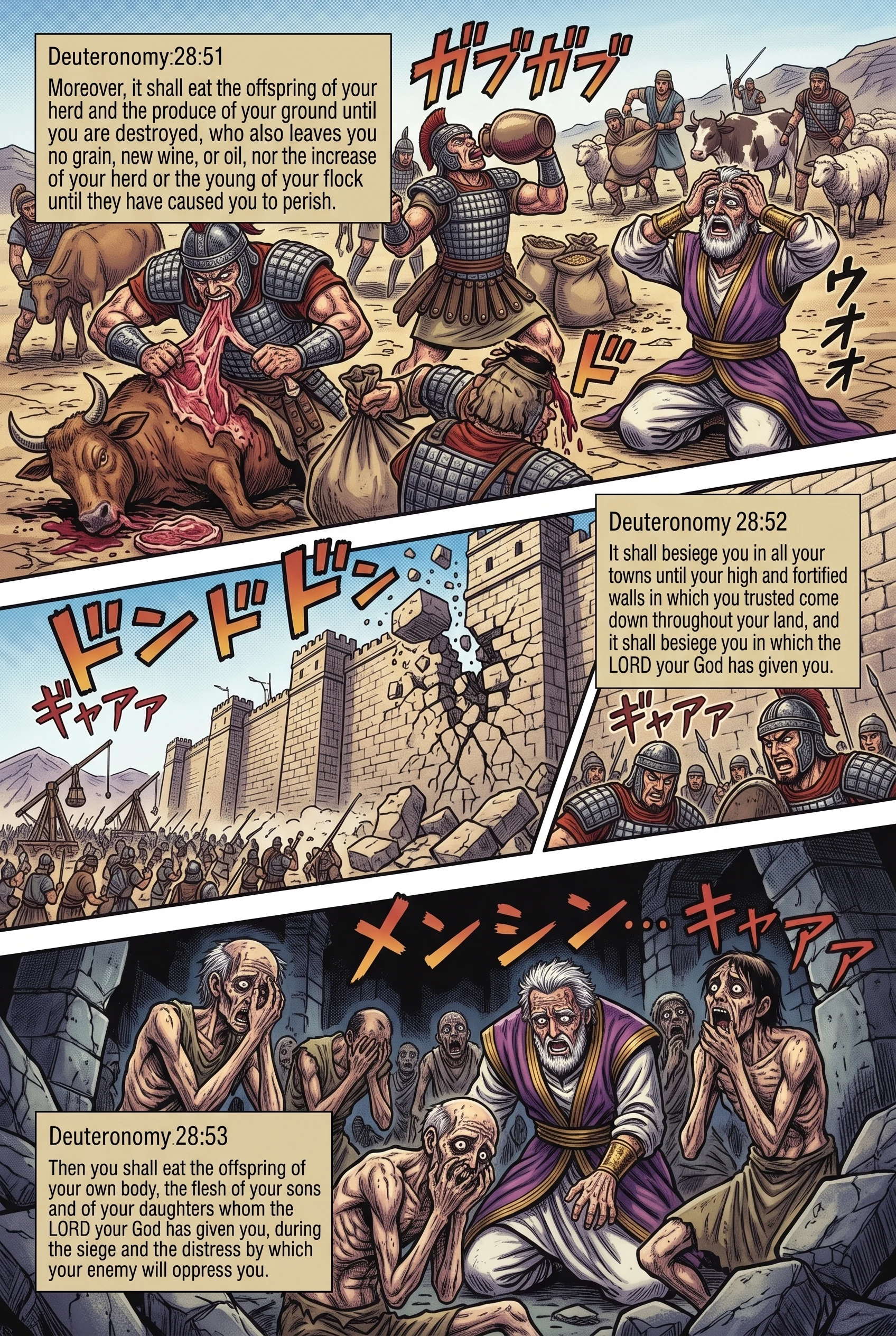 Deuteronomy 28 illustration: Besieged Towns and Desperate Cannibalism of Offspring