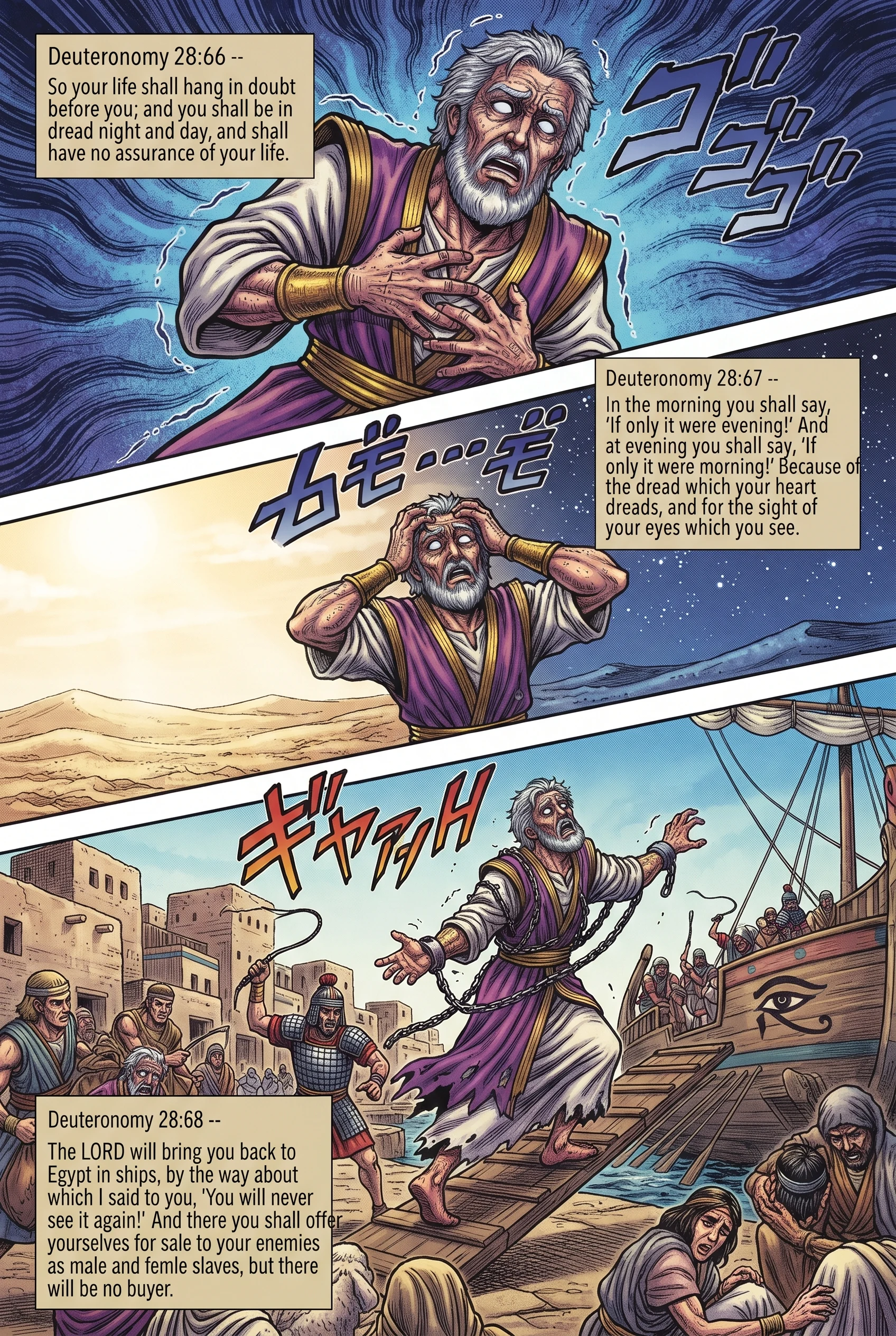 Deuteronomy 28 illustration: Constant Dread and Return to Egypt Enslaved