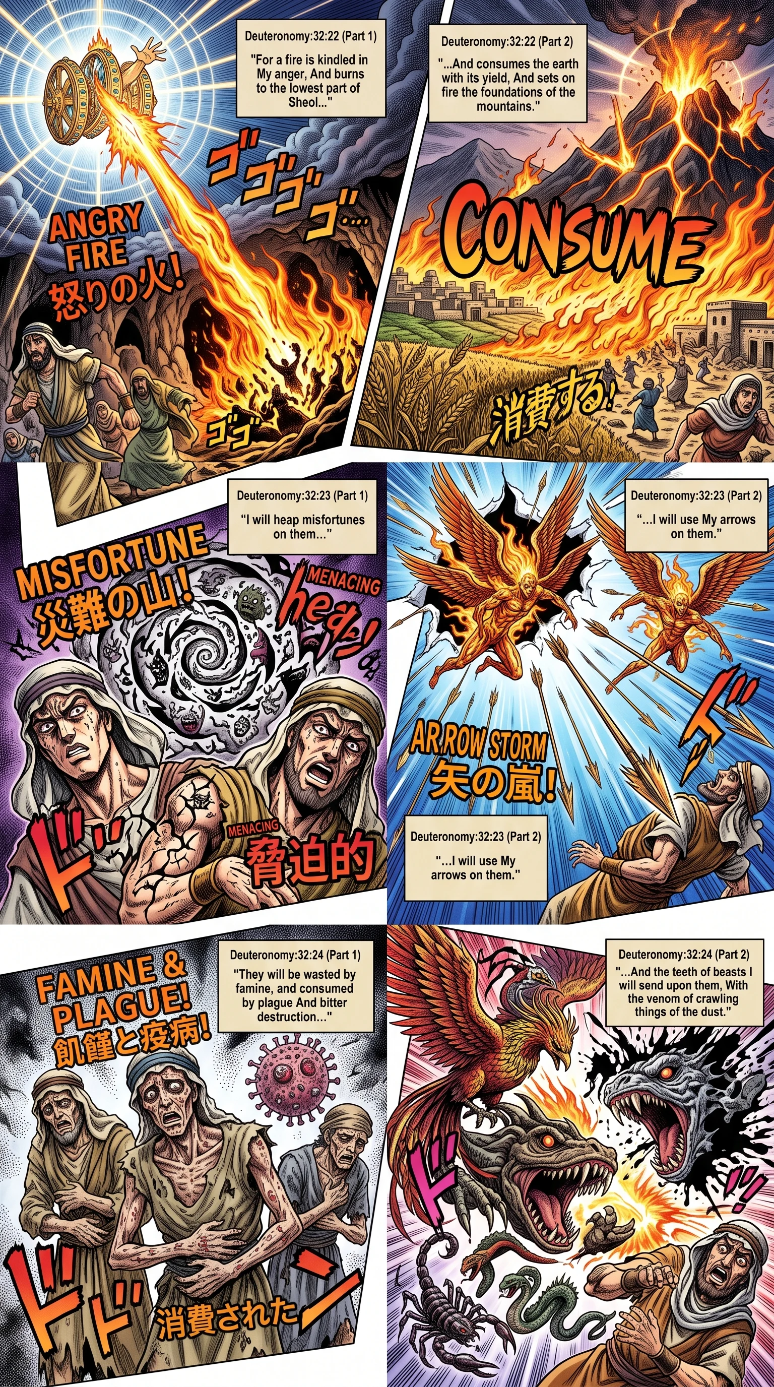 Deuteronomy 32 illustration: Fiery Wrath Arrows Famine and Poisonous Beasts