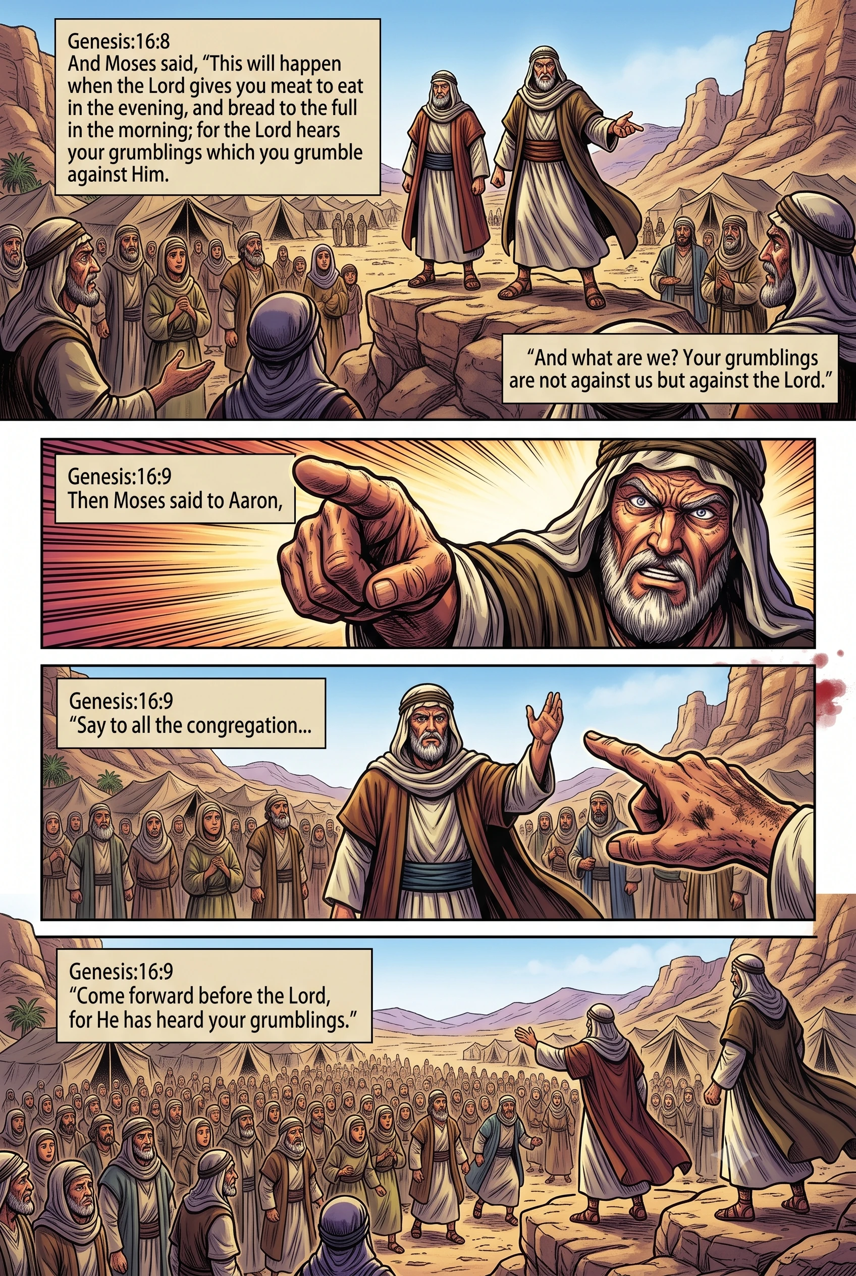 Exodus 16 illustration: Moses and Aaron Answer the Grumbling