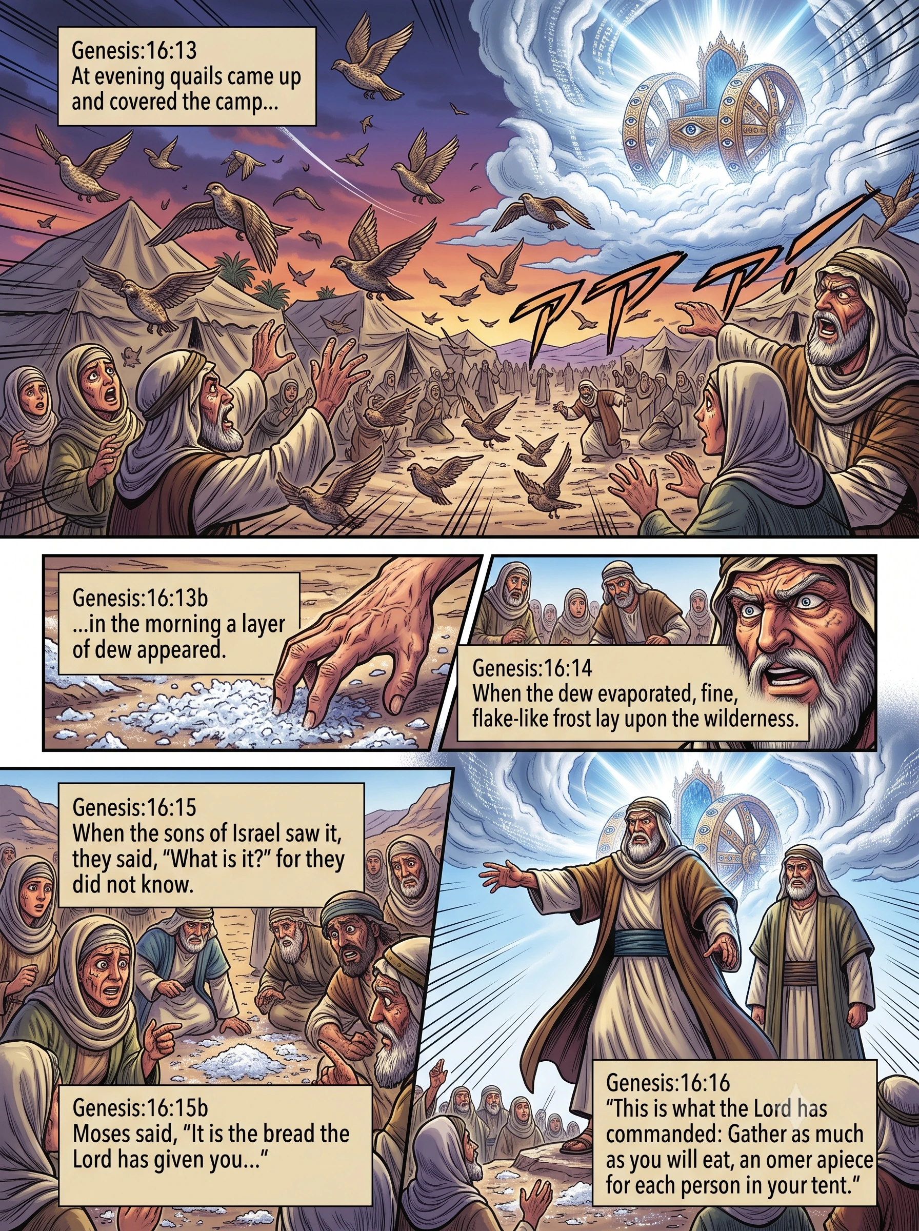 Exodus 16 illustration: Quail and Manna Arrive