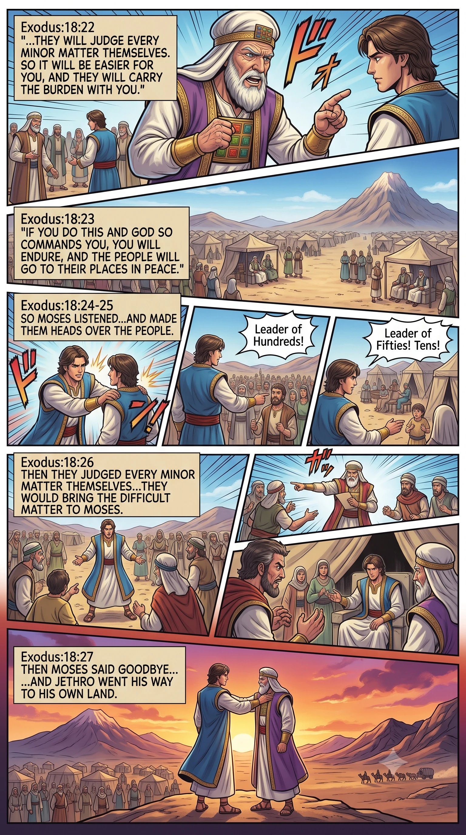 Exodus 18 illustration: Moses Appoints Judges; Jethro Departs