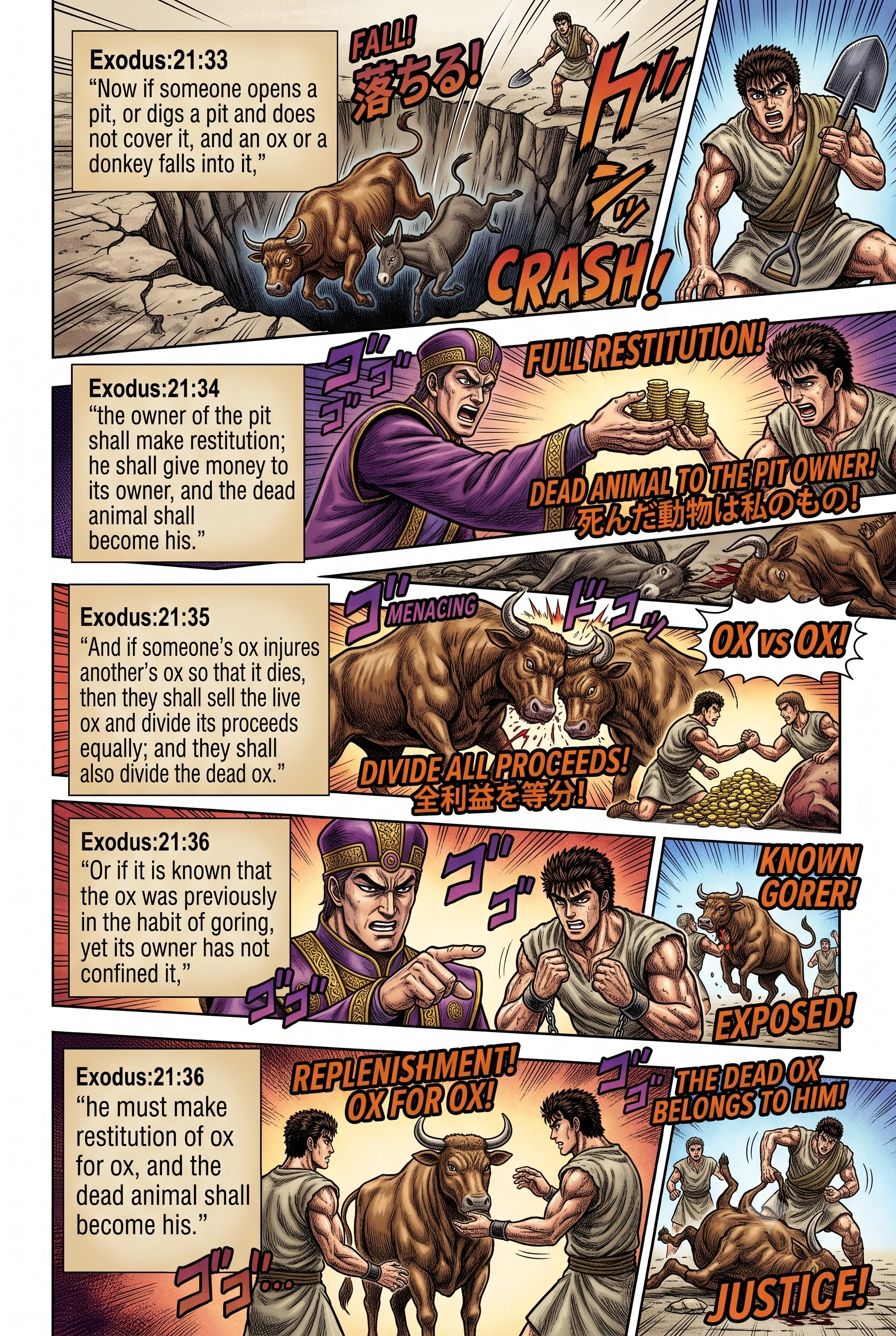 Exodus 21 illustration: Goring Oxen and Negligent Pits