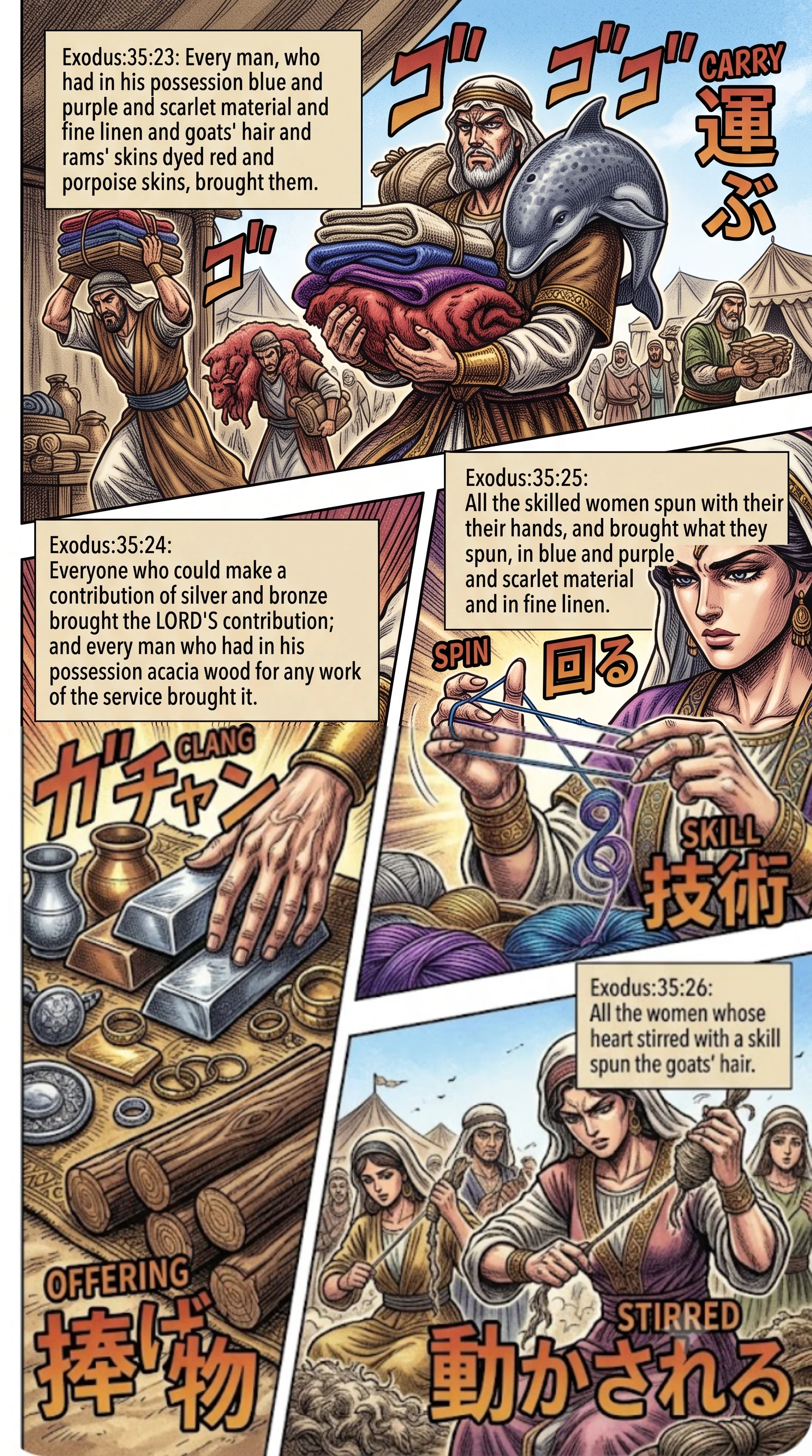 Exodus 35 illustration: Skilled Women Spin Yarn