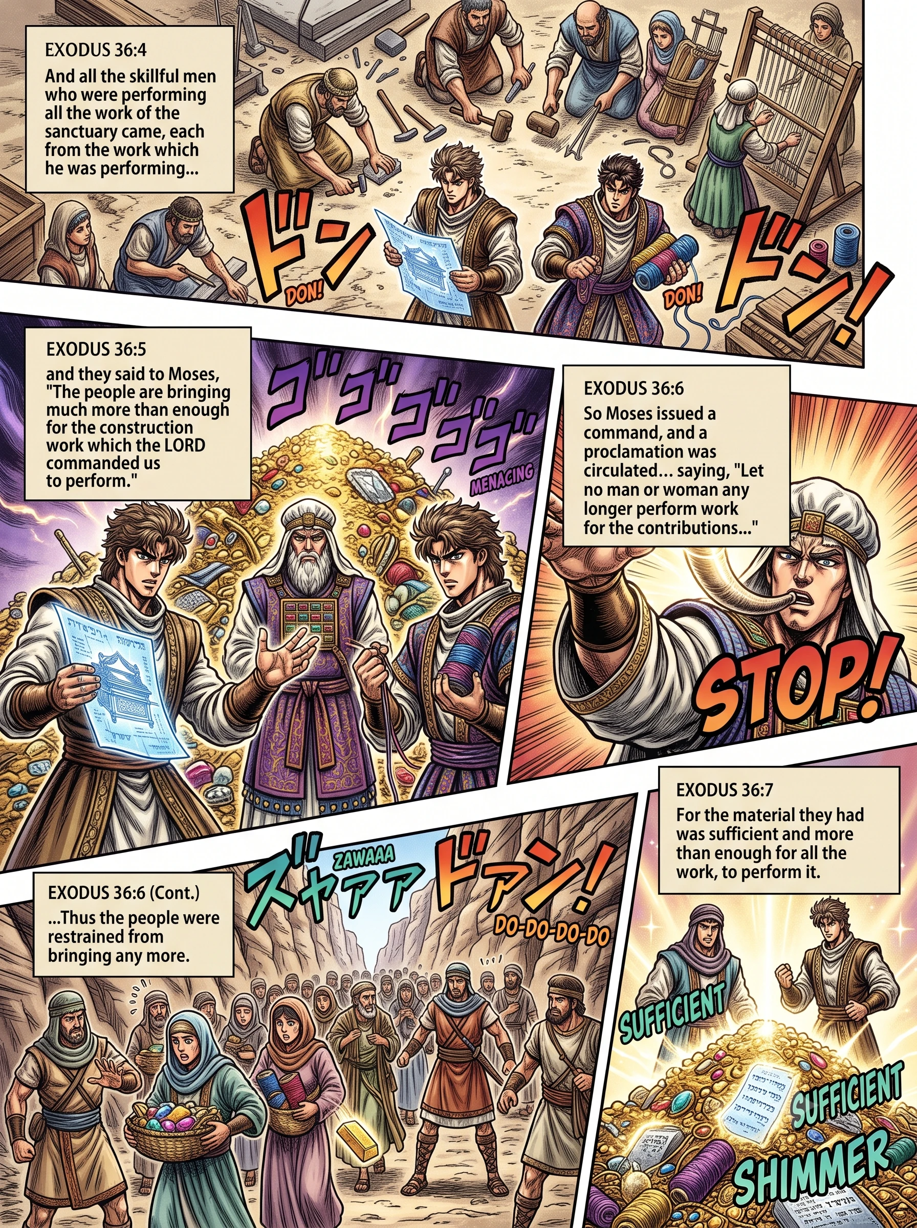 Exodus 36 illustration: Abundant Materials; Moses Halts Giving