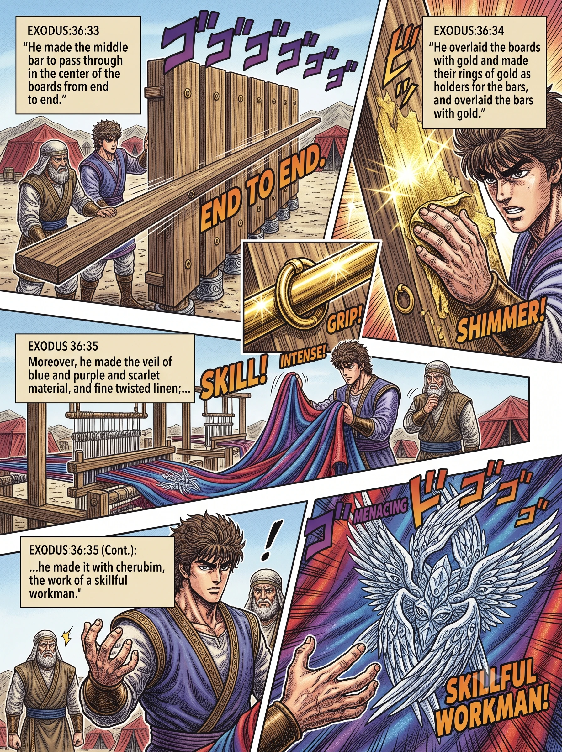Exodus 36 illustration: The Veil and Its Gold Pillars