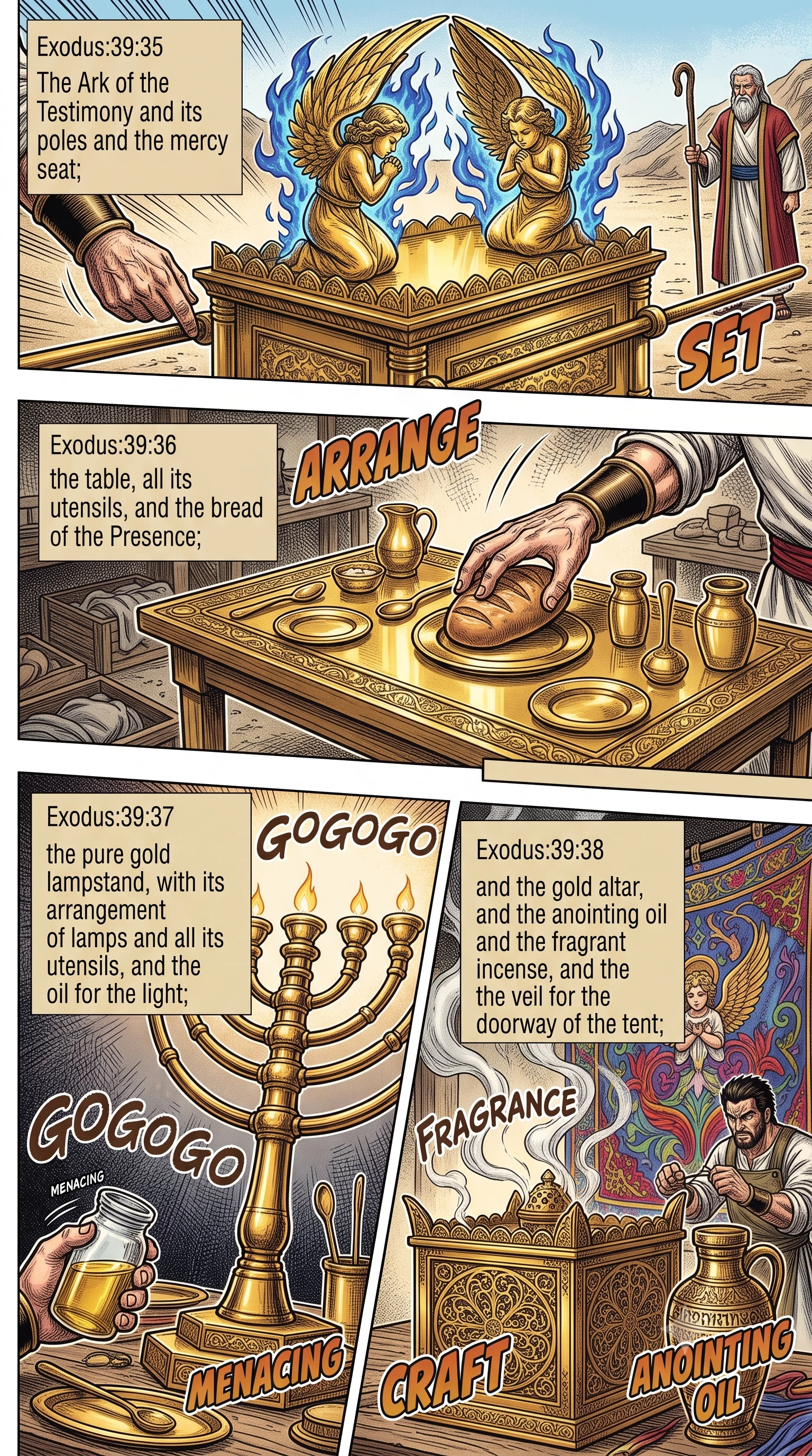 Exodus 39 illustration: Furnishings Brought to Moses for Inspection