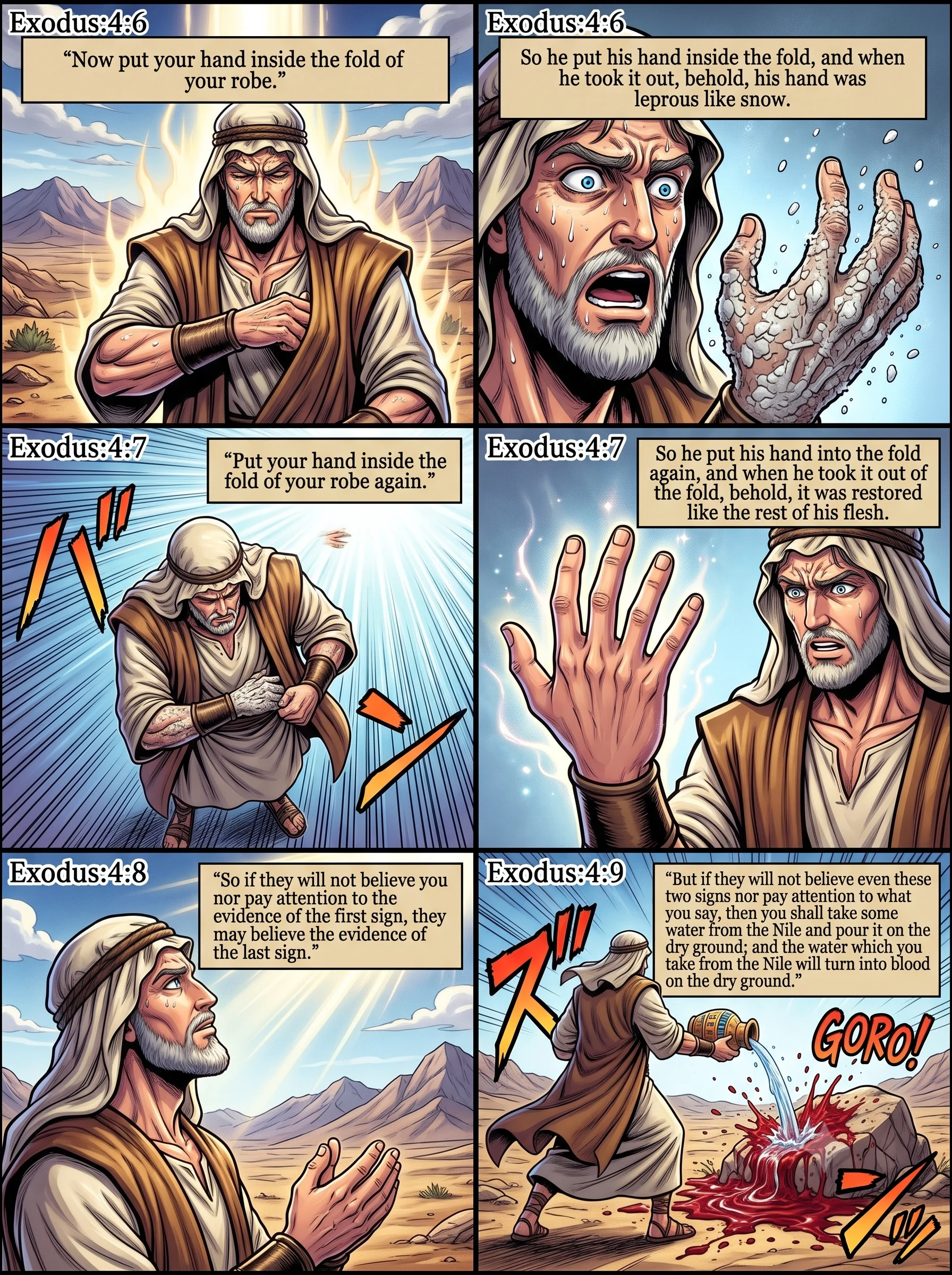 Exodus 4 illustration: The Leprous Hand and Water Turned to Blood