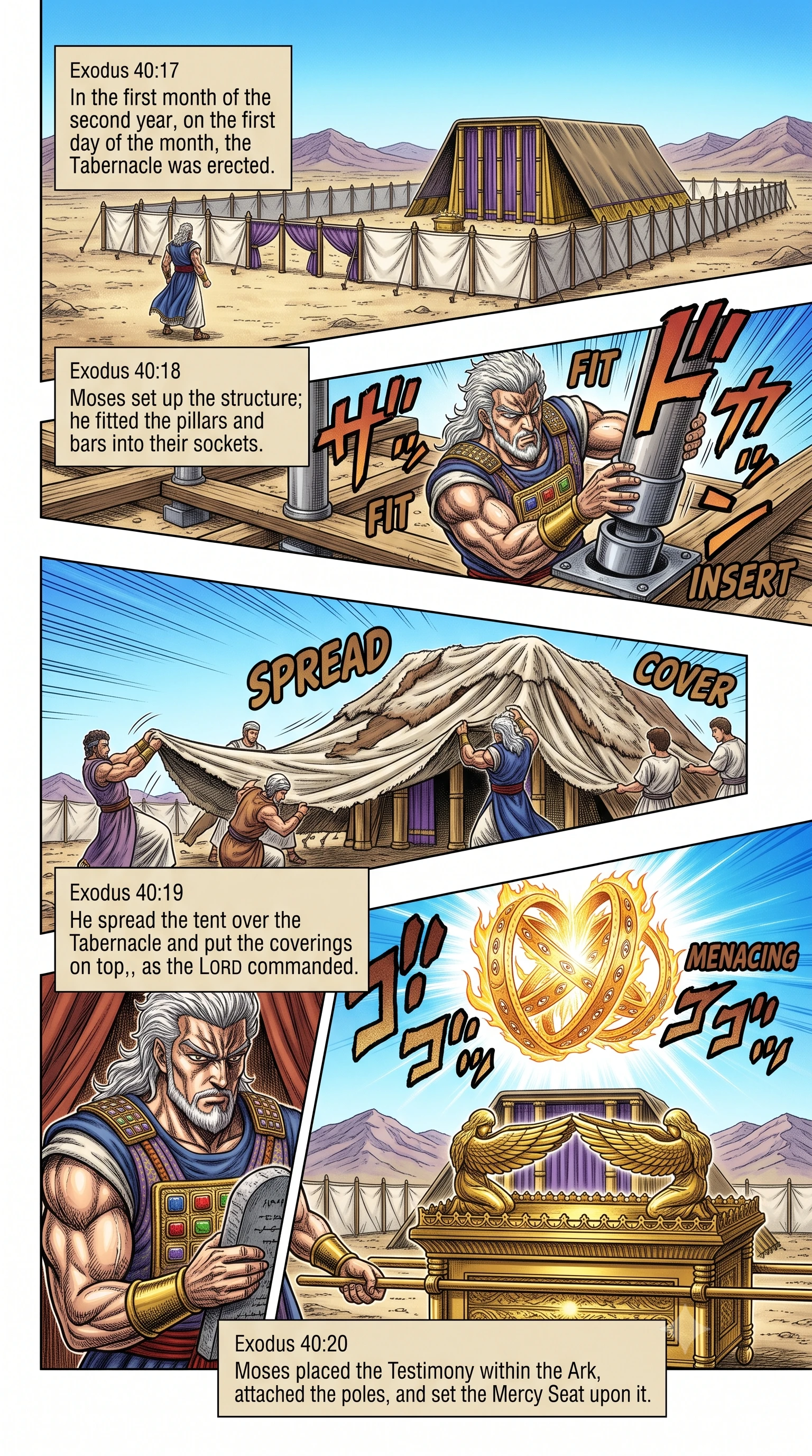 Exodus 40 illustration: Moses Erects the Tabernacle Structure