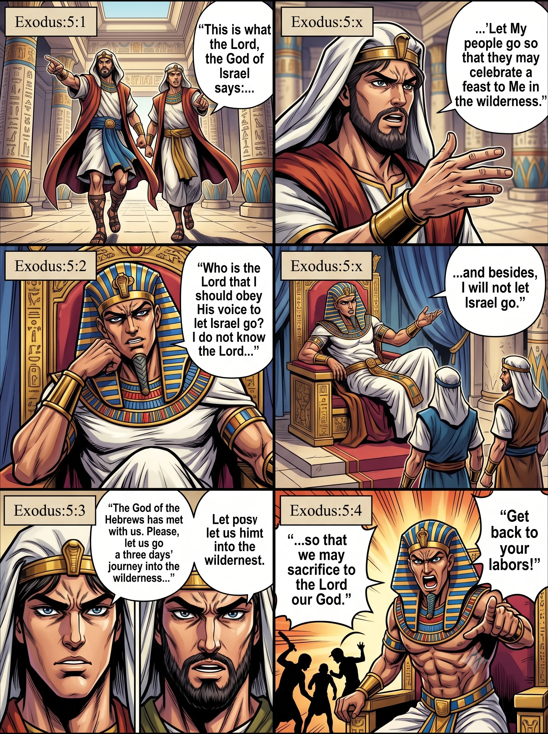 Exodus 5 illustration: Moses and Aaron Confront Pharaoh