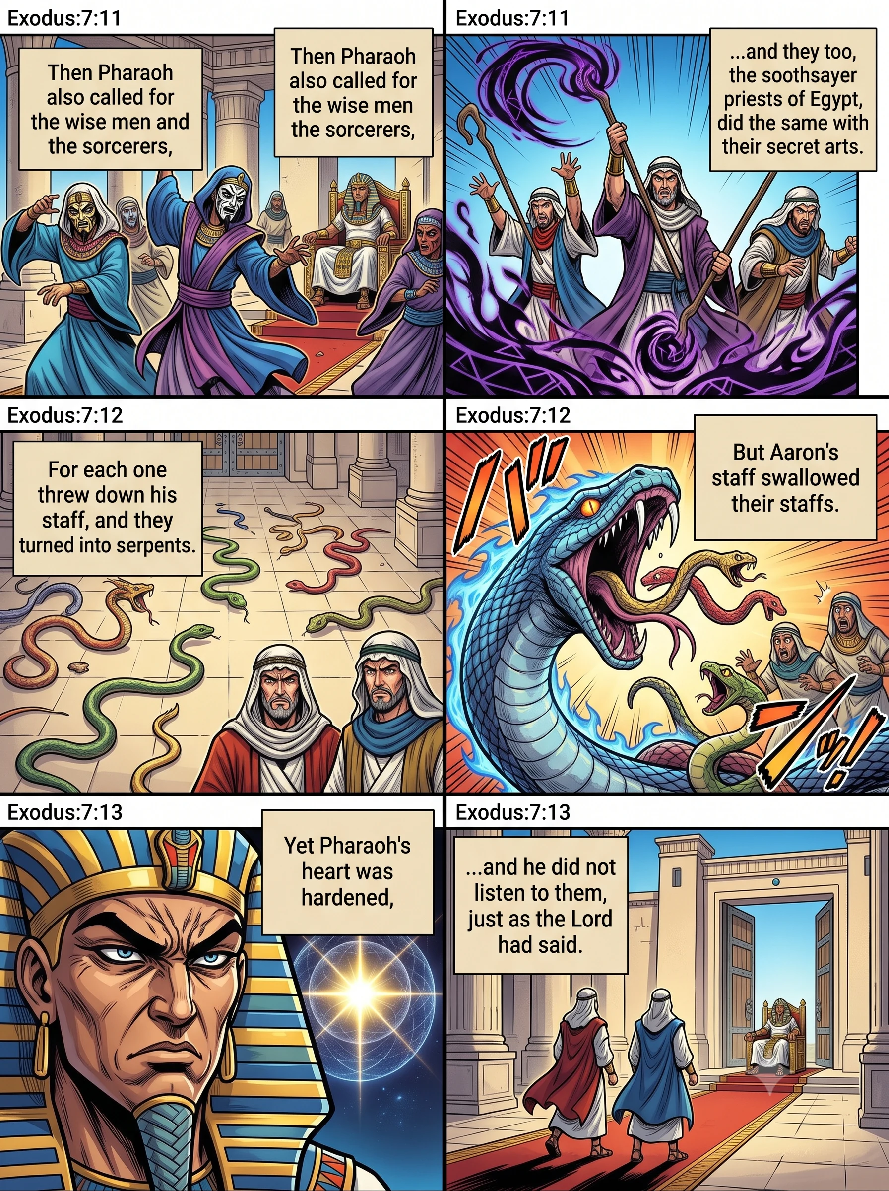 Exodus 7 illustration: The Magicians' Staffs Are Swallowed