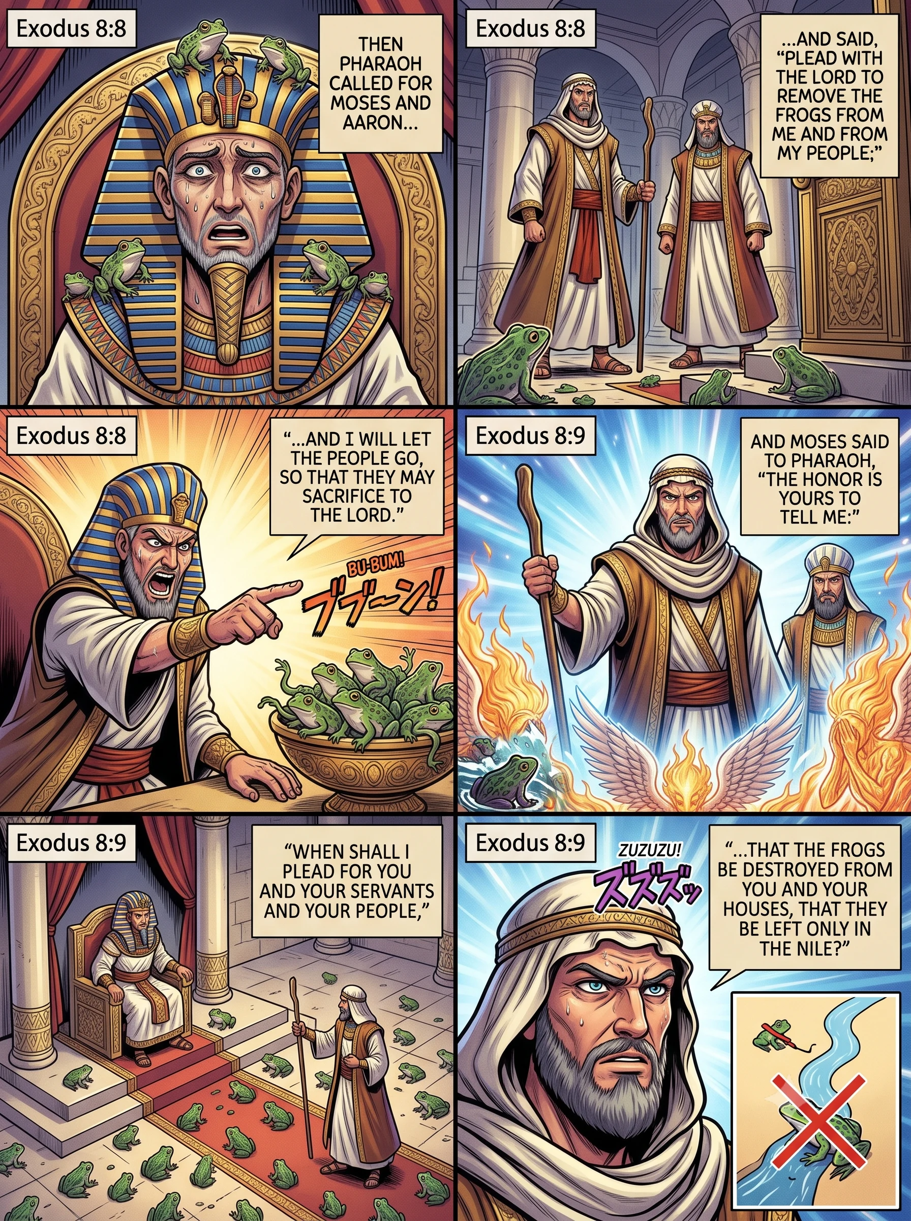 Exodus 8 illustration: Pharaoh Begs Moses to Remove the Frogs