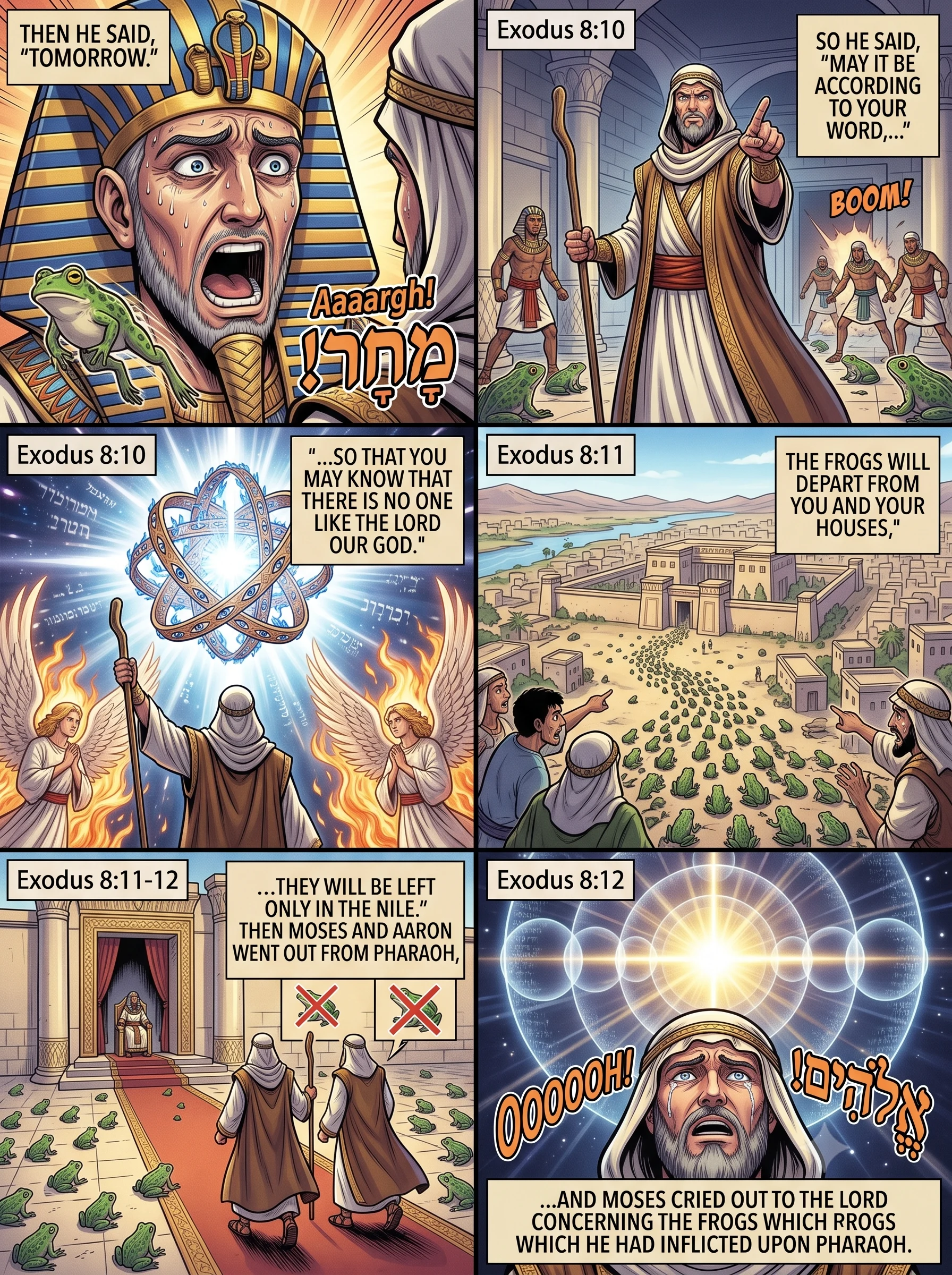 Exodus 8 illustration: Moses Sets the Time for the Frogs to Depart