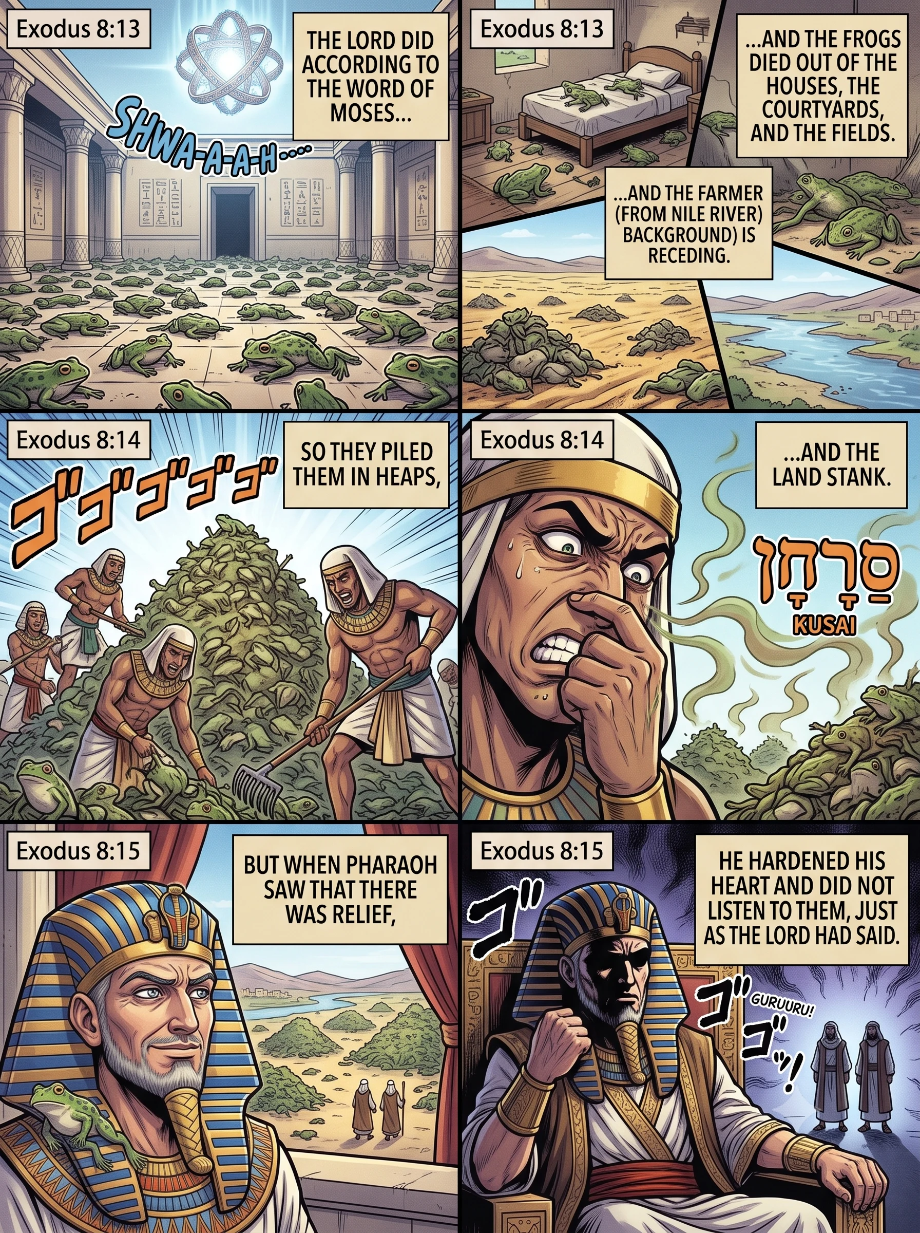Exodus 8 illustration: The Frogs Die but Pharaoh's Heart Hardens