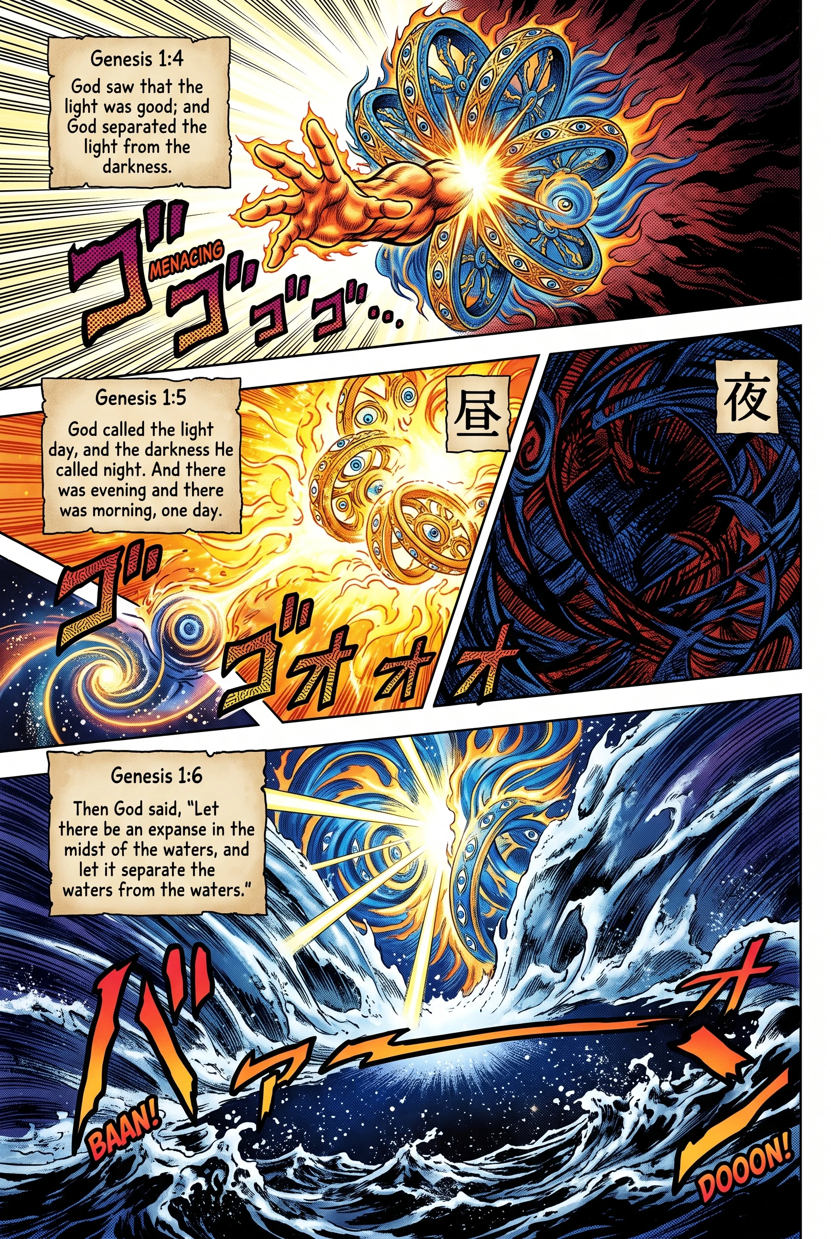 Genesis 1 illustration: Light Divided from Darkness; Sky Begins
