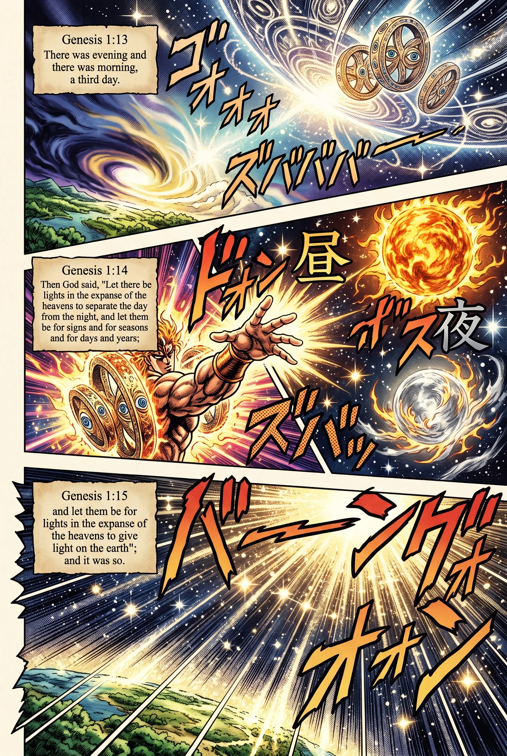 Genesis 1 illustration: Day Three Ends; Lights in the Sky