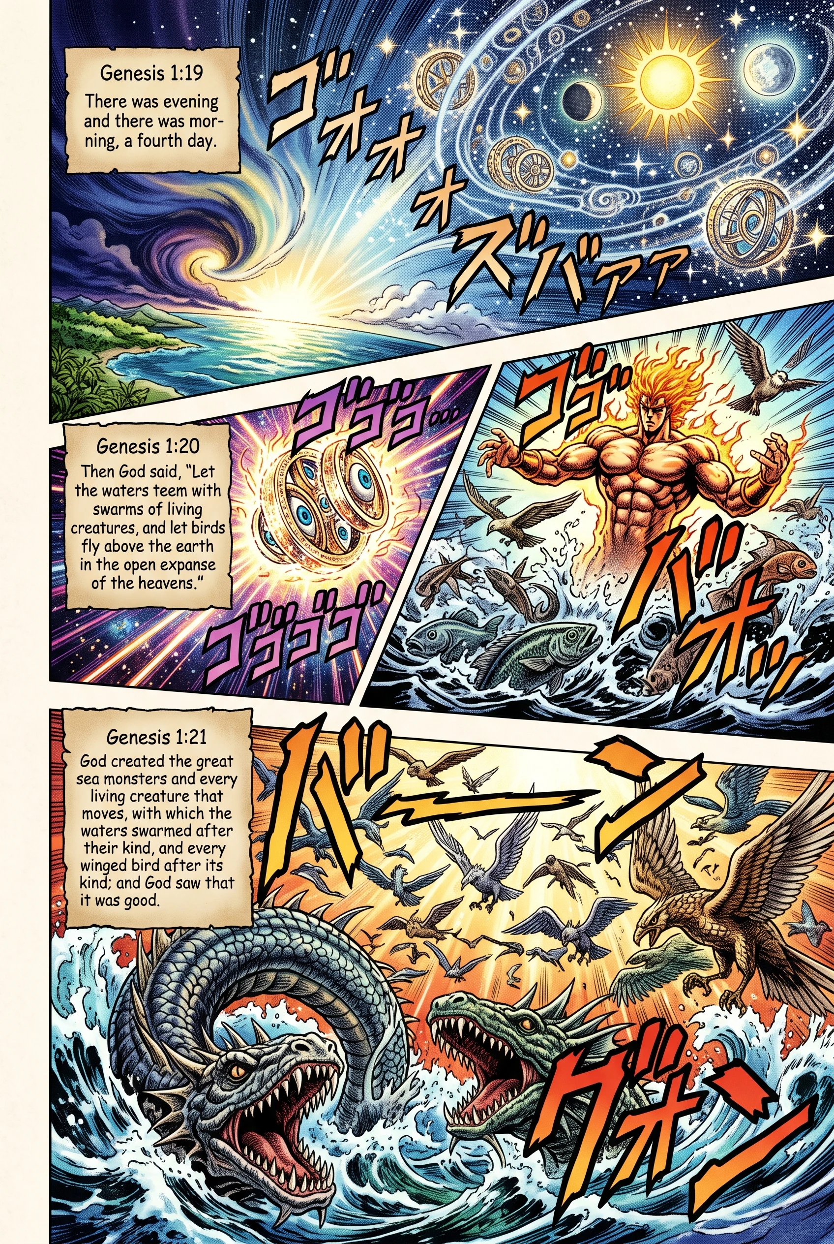Genesis 1 illustration: Day Four Ends; Sea Creatures and Birds