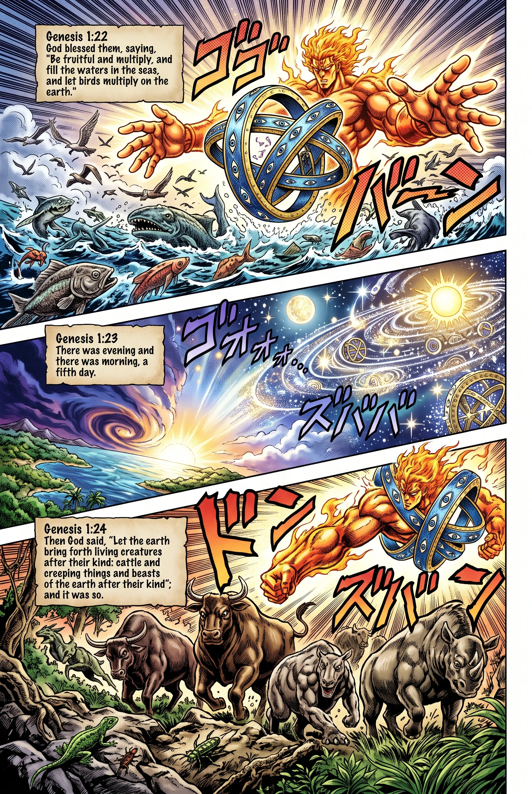 Genesis 1 illustration: God Blesses Creatures; Land Animals Appear