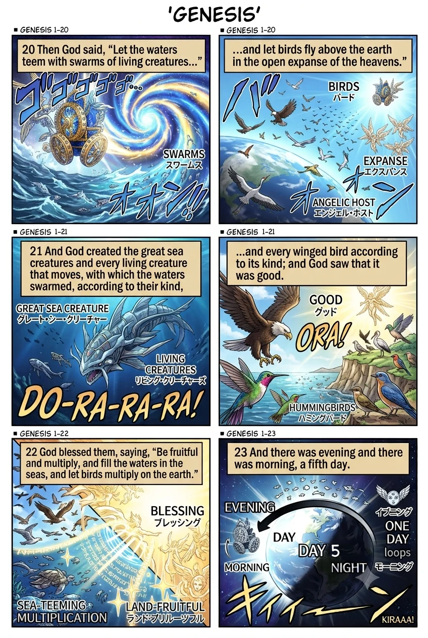 Genesis 1 illustration: Day Five: Sea Creatures and Birds