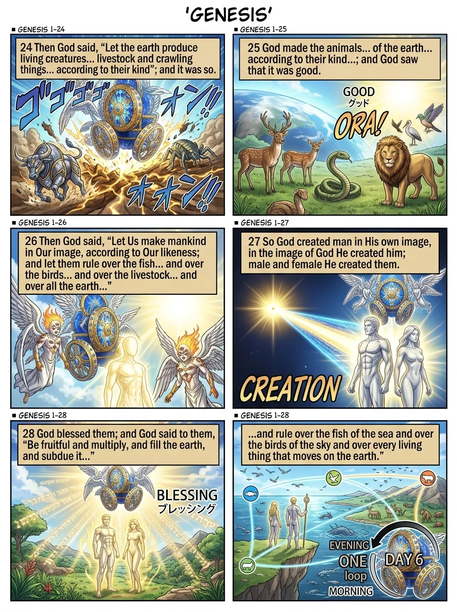 Genesis 1 illustration: Day Six: Animals and Mankind
