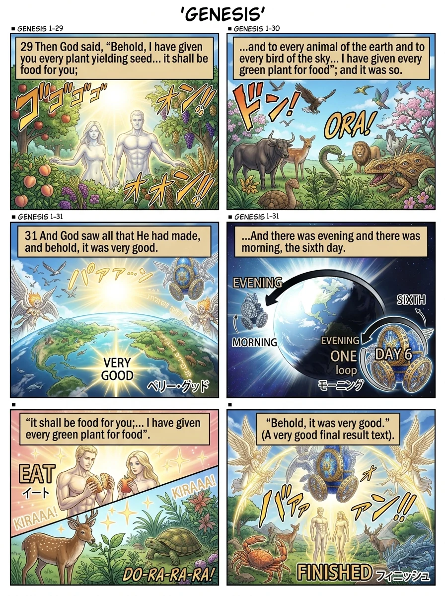Genesis 1 illustration: Day Six Concludes: Provision and Completion