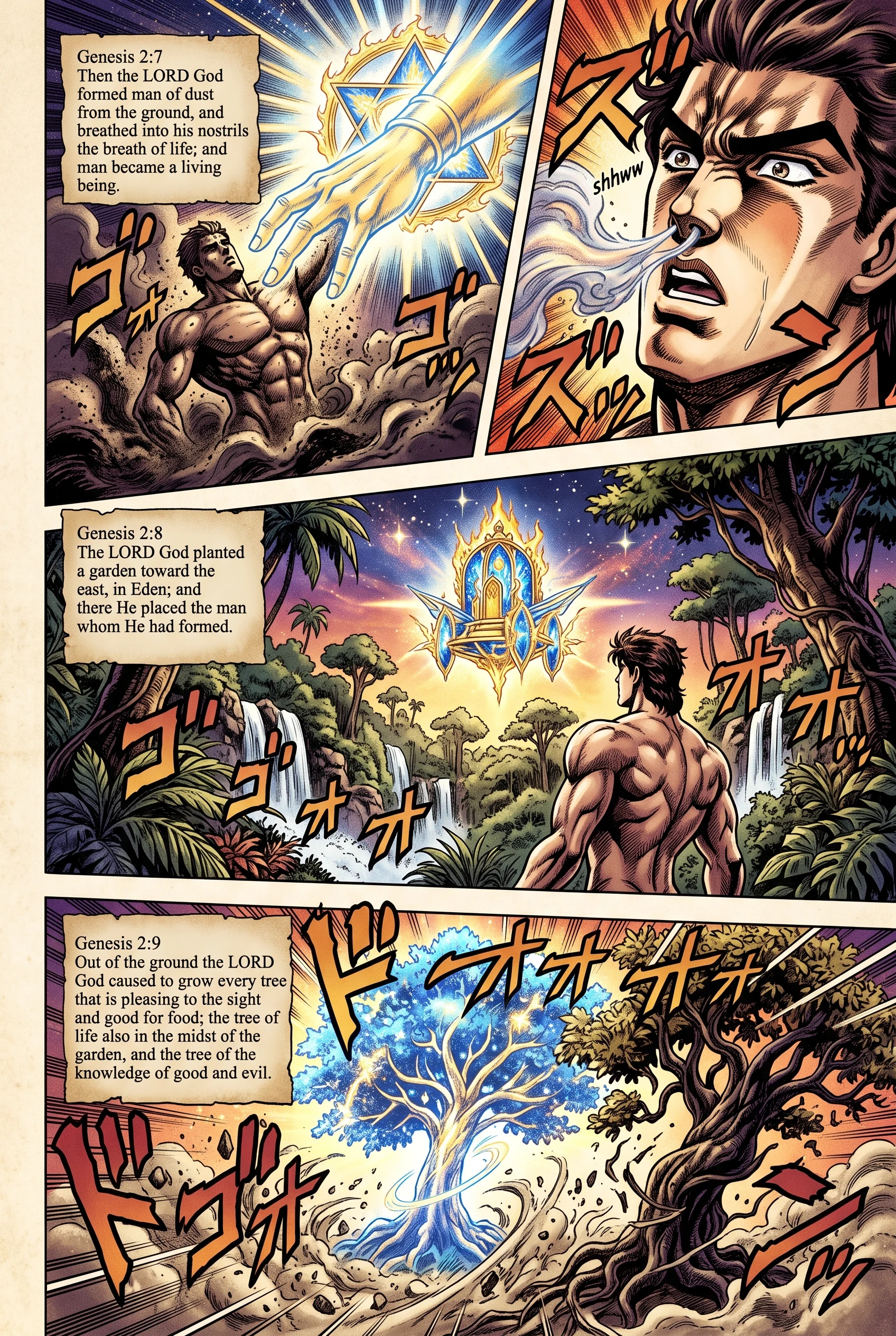Genesis 2 illustration: The Lord God Forms Man, Plants Eden