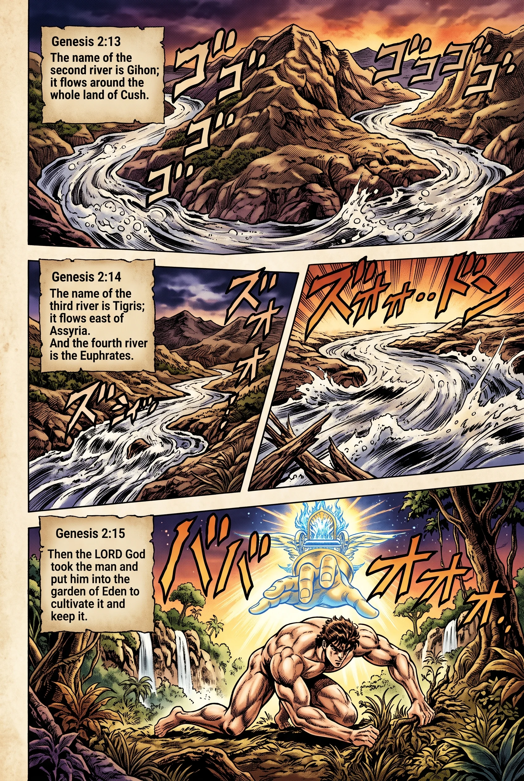 Genesis 2 illustration: Gihon, Tigris, Euphrates; Man Placed in Eden