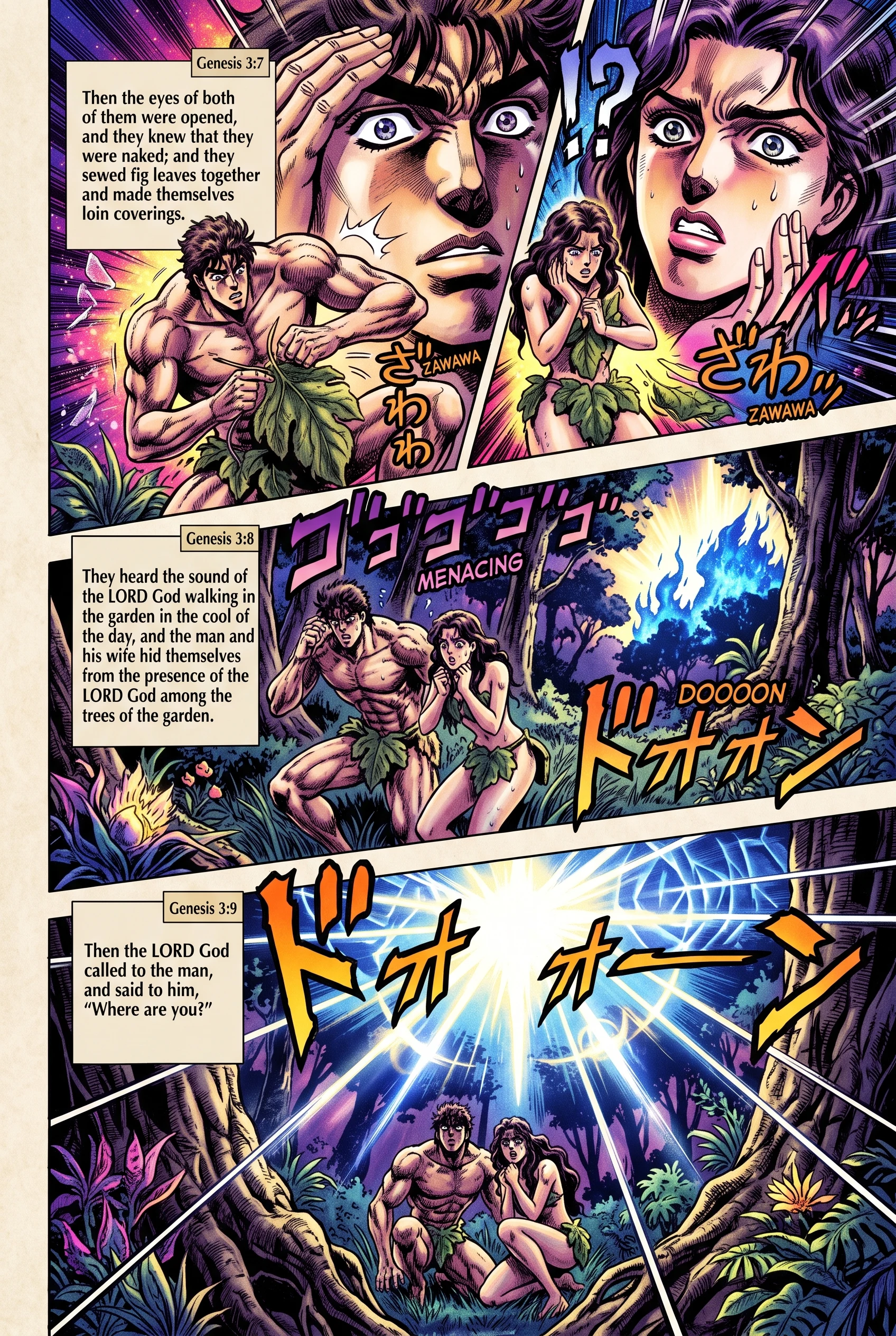 Genesis 3 illustration: Eyes Opened; Adam and Eve Hide