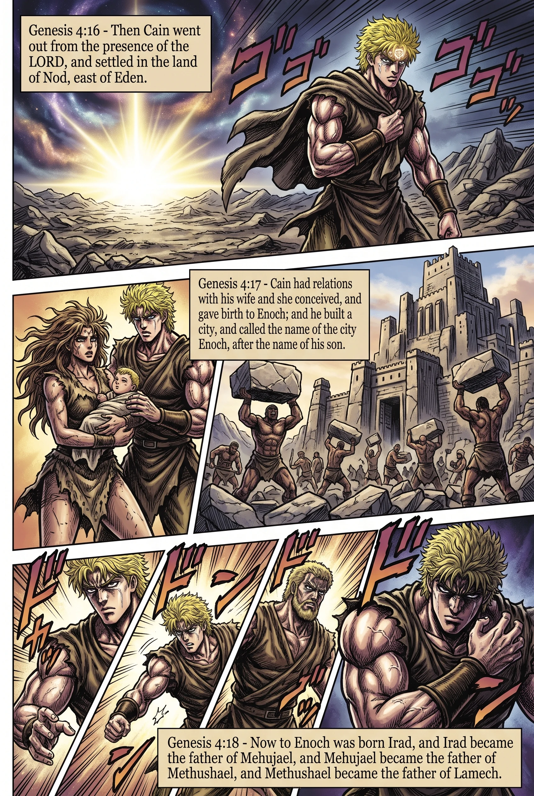 Genesis 4 illustration: Cain Settles in Nod, Builds Enoch