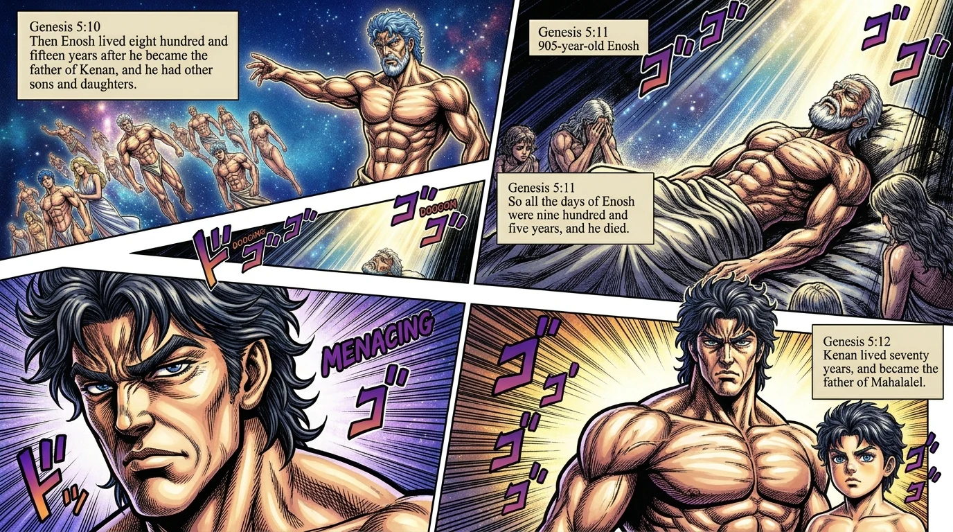 Genesis 5 illustration: Enosh Dies at 905; Kenan Fathers Mahalalel