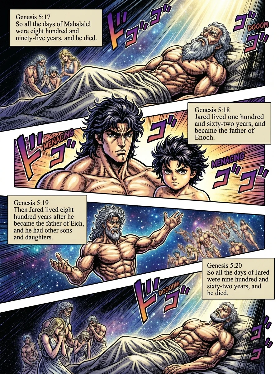 Genesis 5 illustration: Mahalalel Dies; Jared Fathers Enoch, Dies