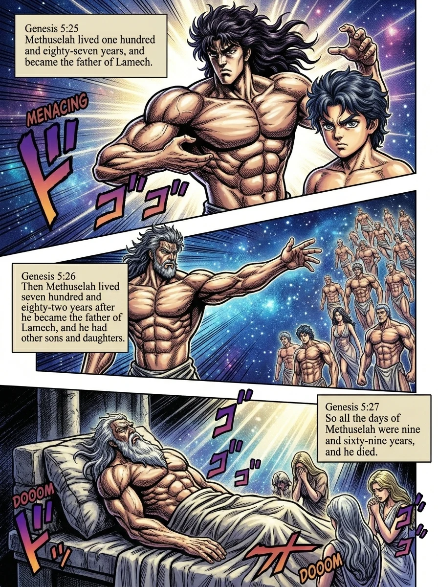 Genesis 5 illustration: Methuselah Lives 969 Years and Dies